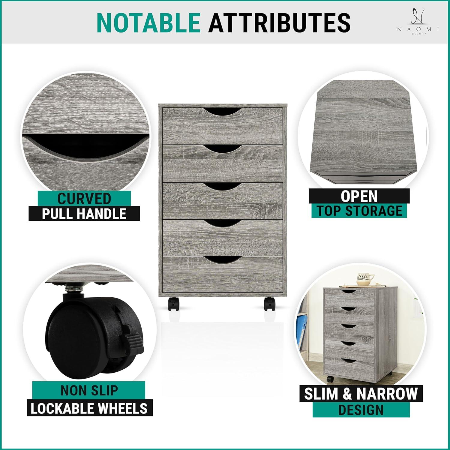 Grey Oak 5-Drawer Office Storage Cabinet with Casters
