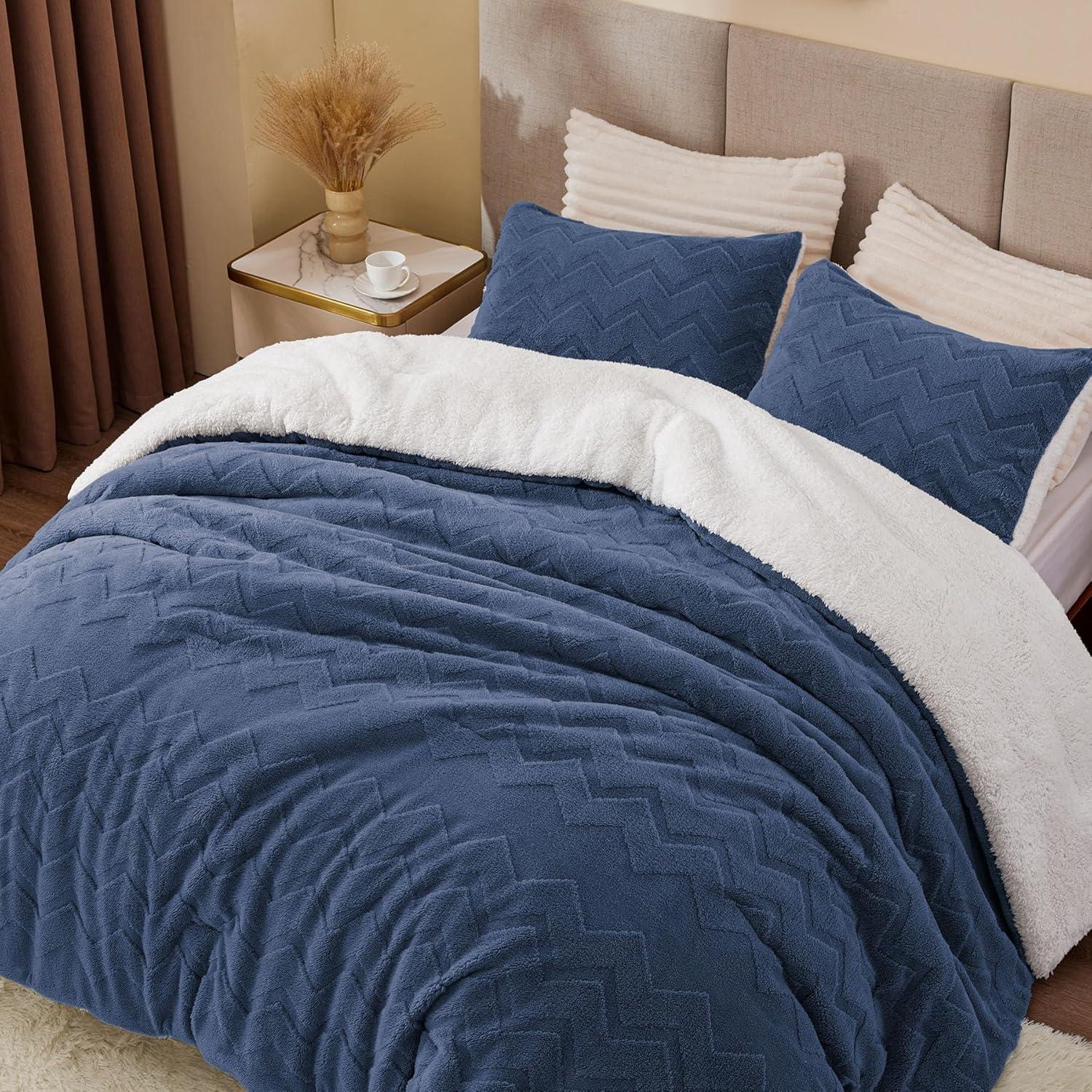 Navy Blue Sherpa Reversible Queen Comforter Set