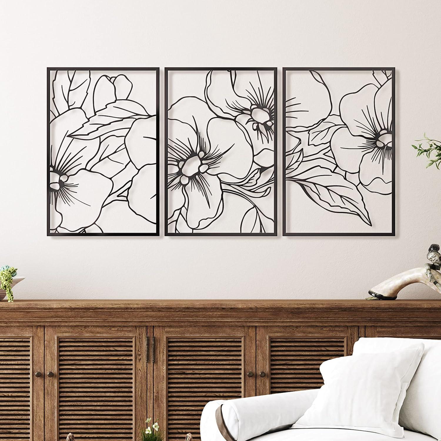 Black Metal Floral Abstract Wall Art Set of 3