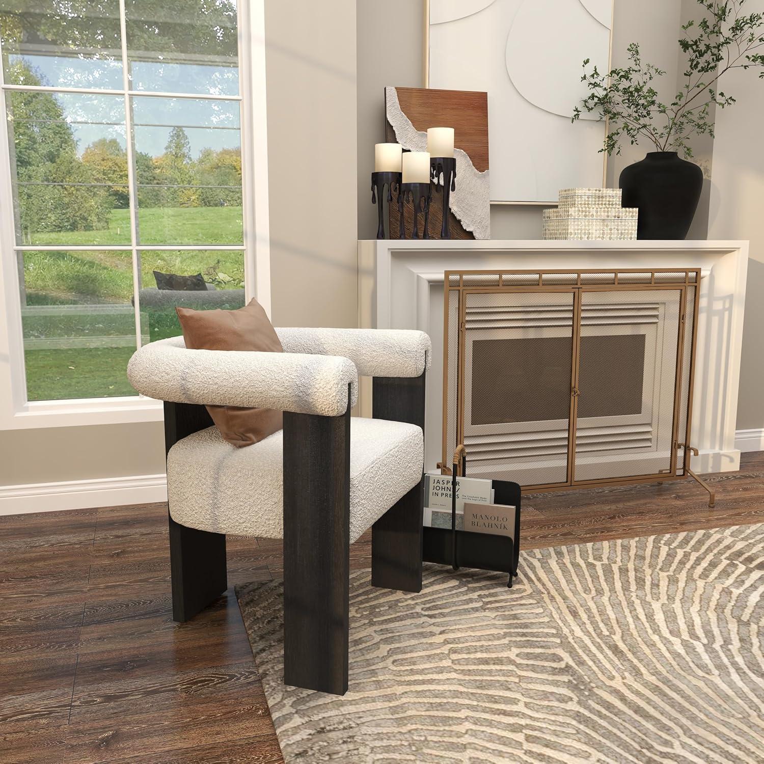 White Polyester Curved Back Modern Accent Chair with Black Wood Frame
