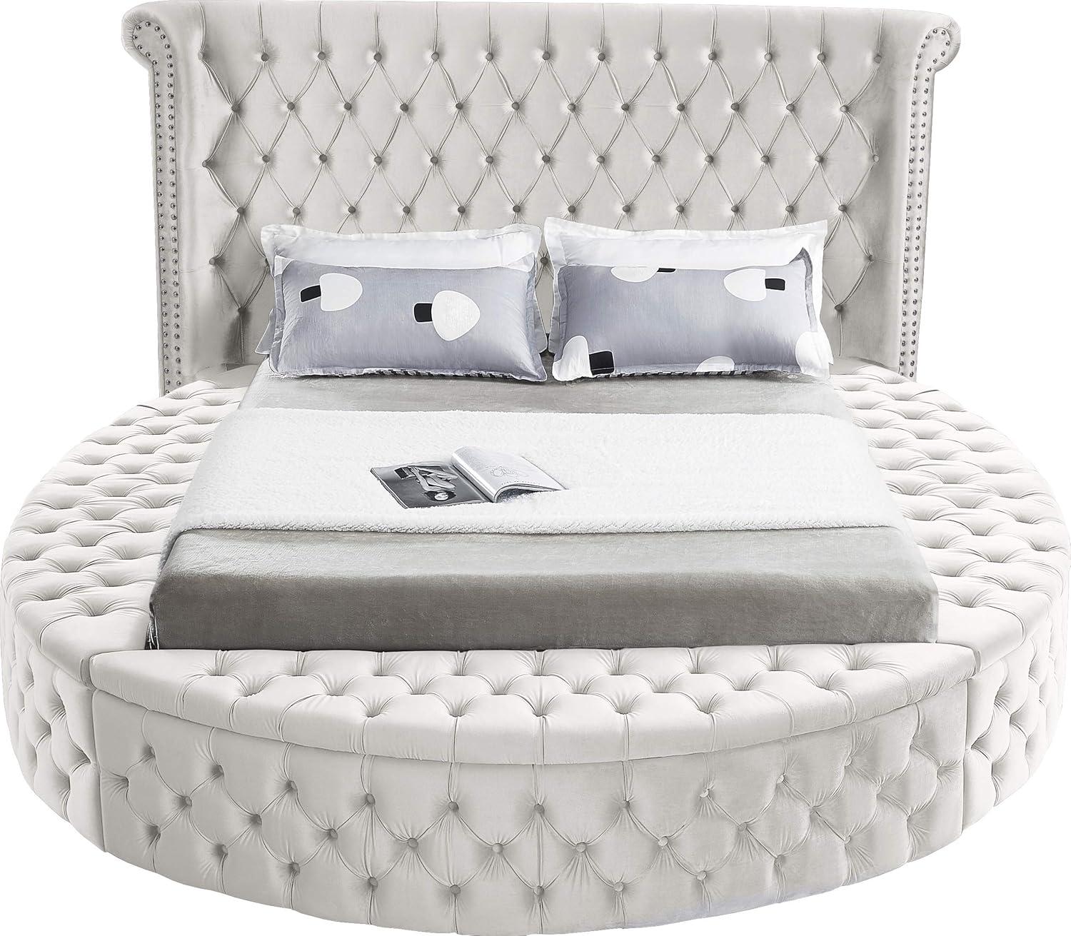 Meridian Furniture King Size Deep Button Tufting Modern Velvet Platform Bed with Storage, Cream