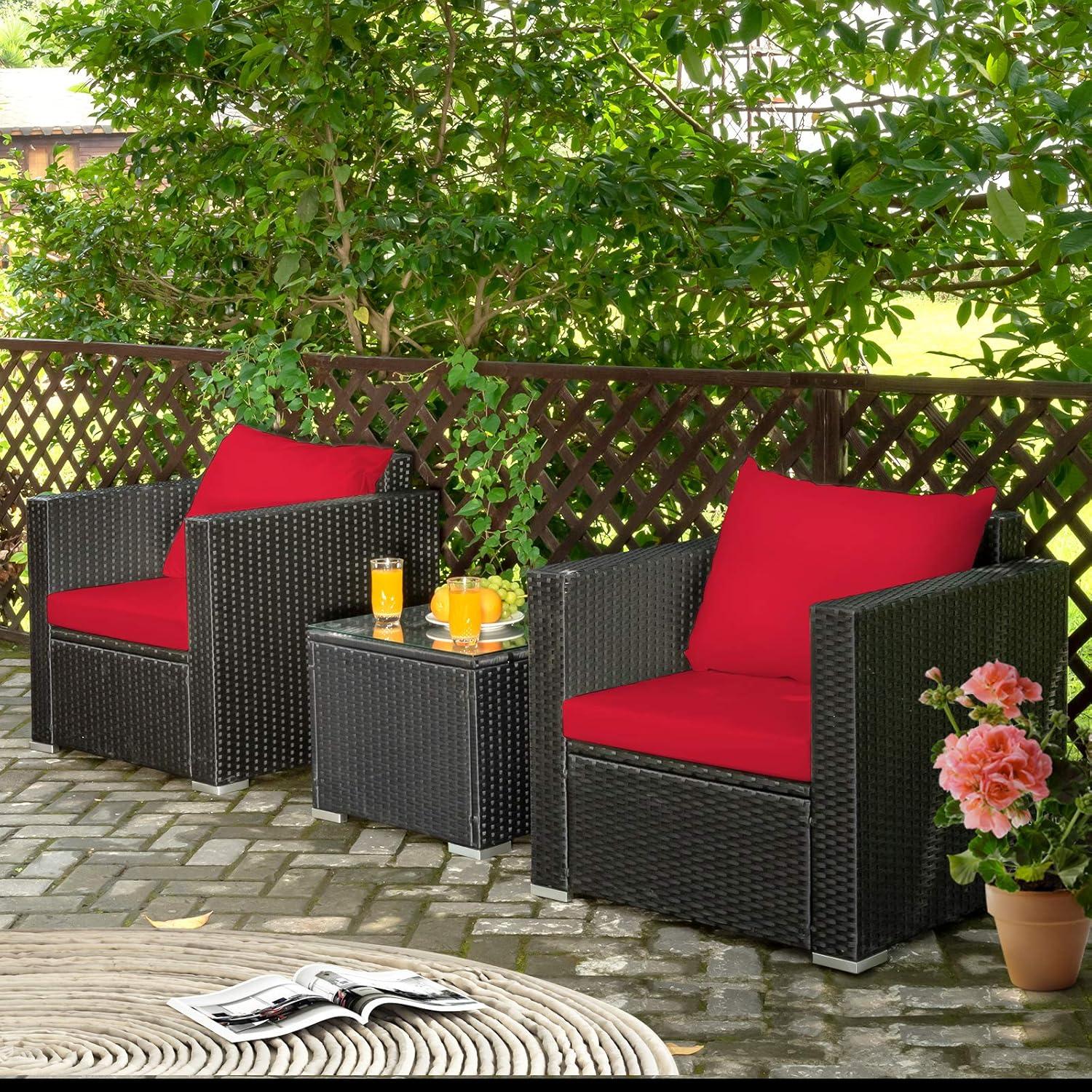 Costway 3PCS Patio Rattan Wicker Furniture Set Sofa Table W/Cushion Yard Red