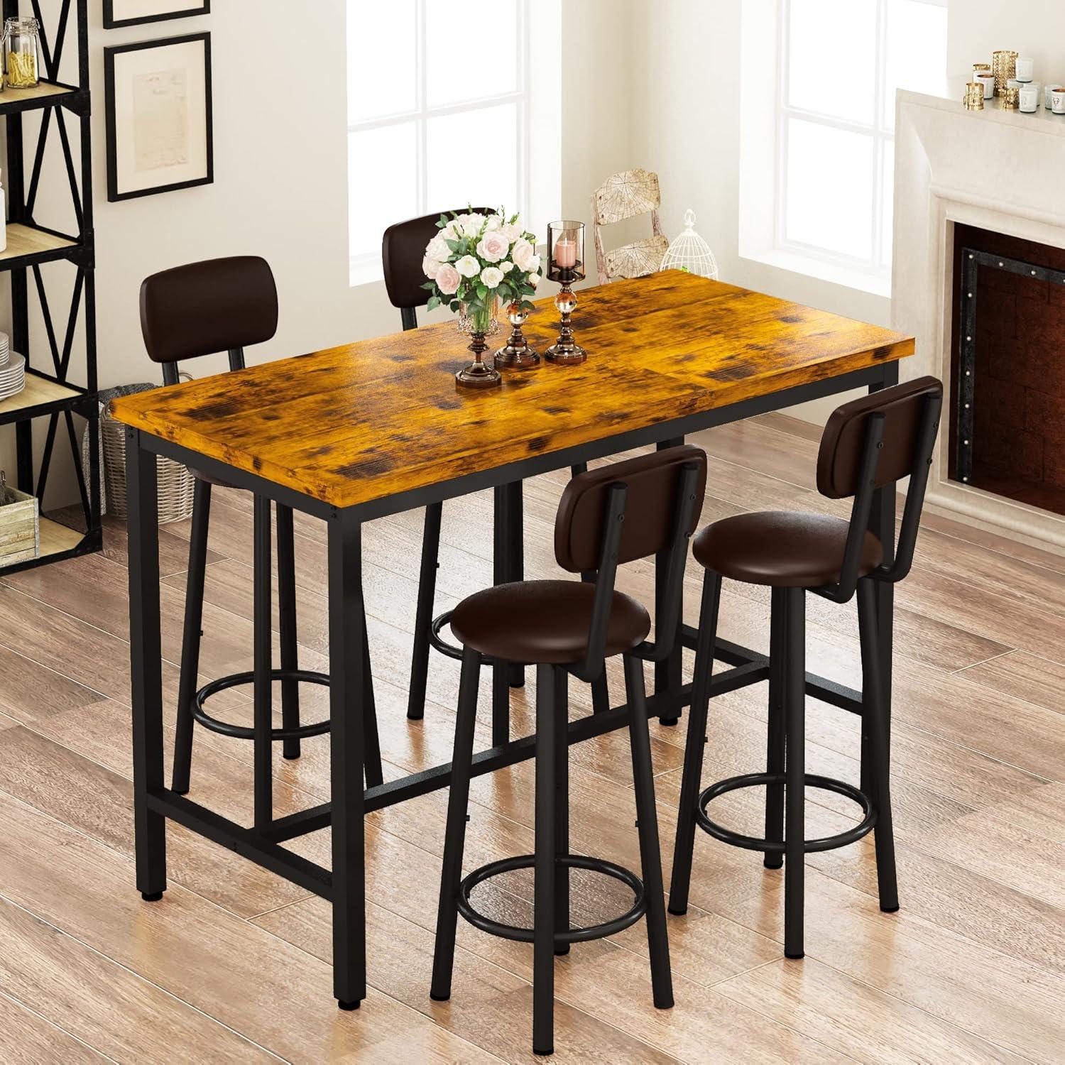 Recaceik Bar Table and Chairs Set Industrial Counter 35.4"H Table Set with 4 PU Upholstered Stools