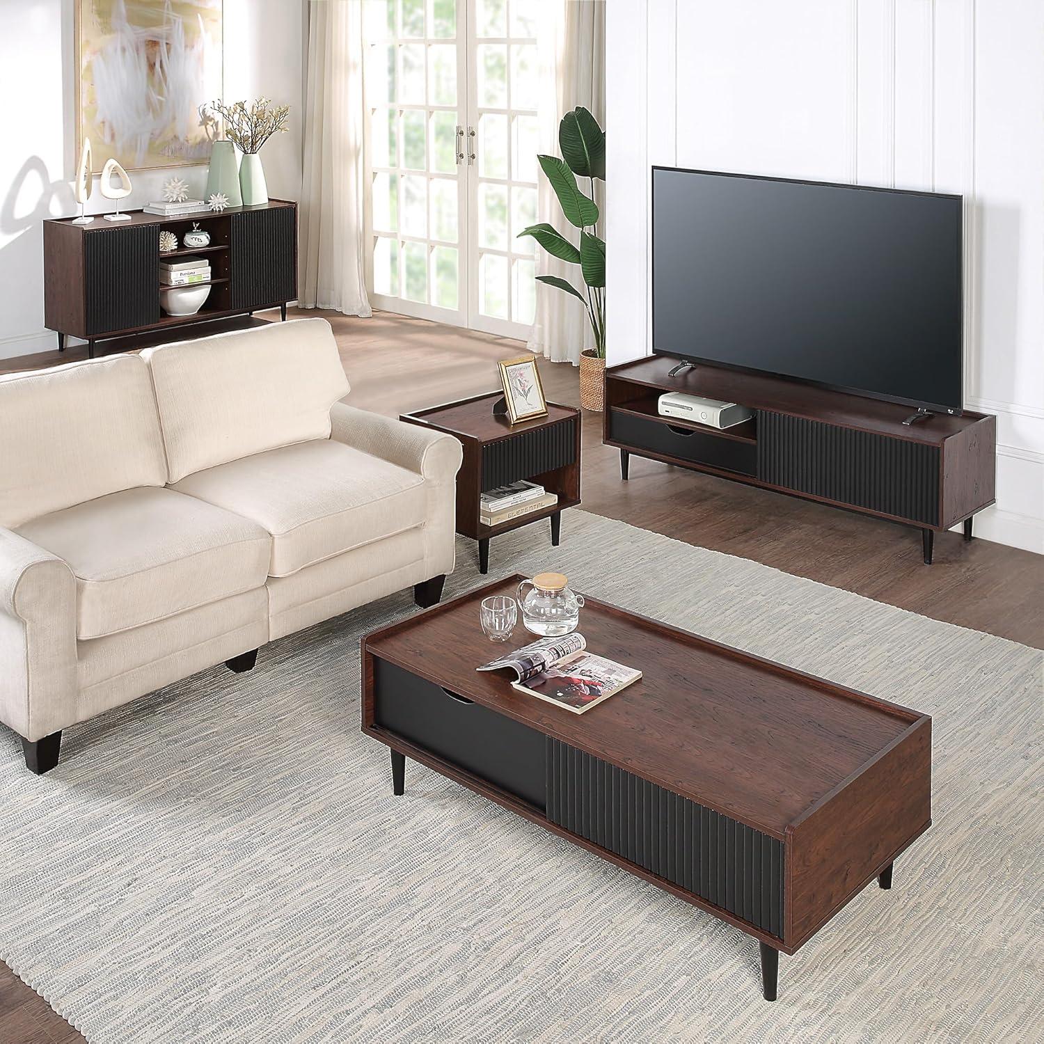 Duane Dark Brown and Black Ribbed TV Stand with Iron Legs