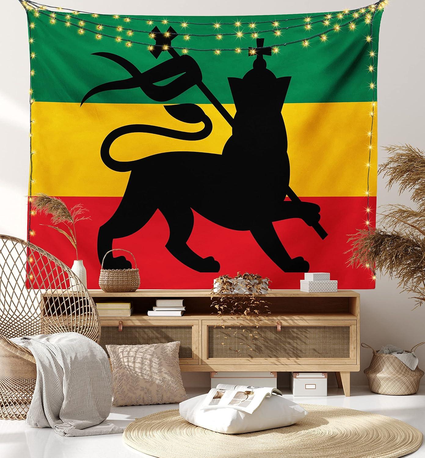 Rastafarian Flag Judah Lion Tapestry in Black, Red, Green, and Yellow, 60" x 80"