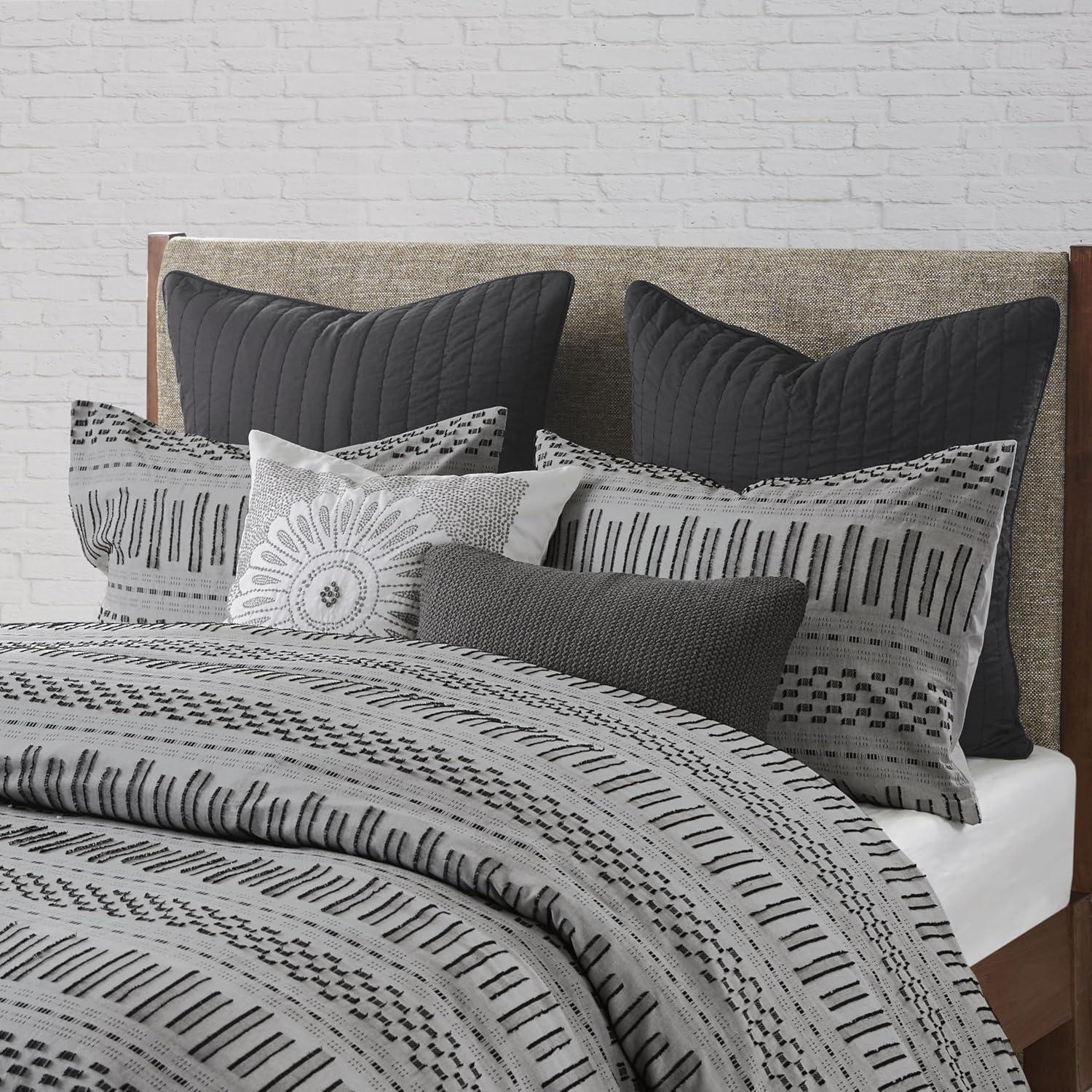 King/California King Rhea Cotton Jacquard Comforter Mini Set Black/Gray: Ink+Ivy, Geometric Pattern, OEKO-TEX Certified