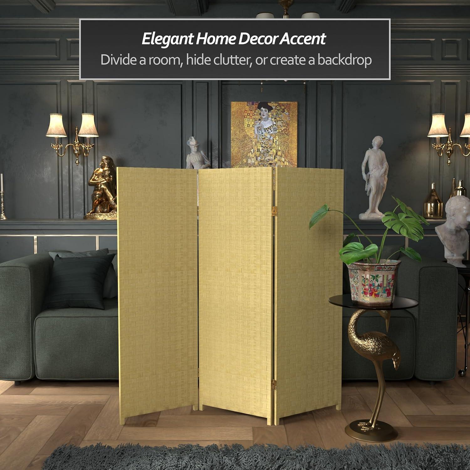 Oriental Furniture 4 ft. Tall Woven Fiber Room Divider - Dark Beige - 3 Panel