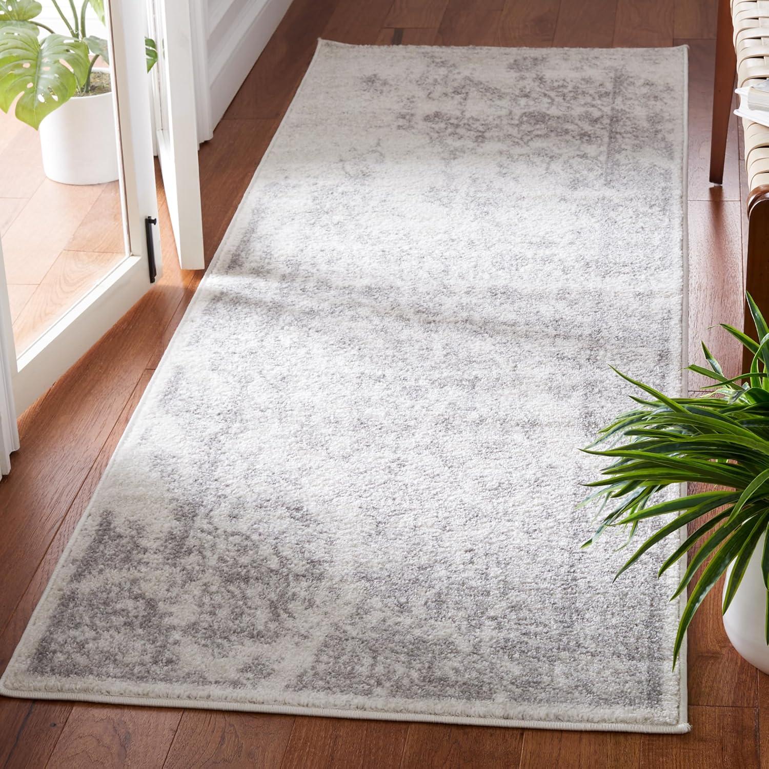 Ivory and Silver Distressed Oriental Runner Rug 2'6" x 8'