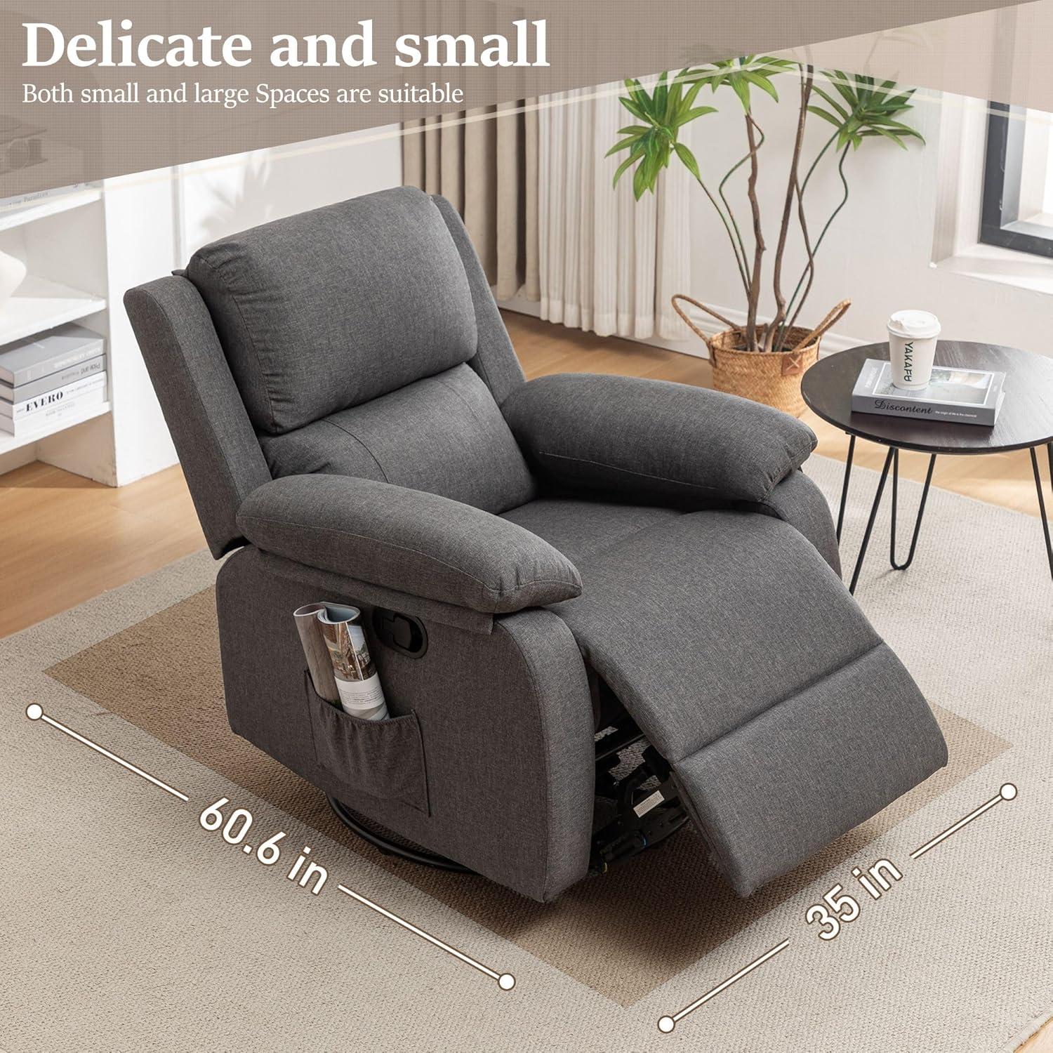 Gray Fabric Swivel Recliner with Side Pockets