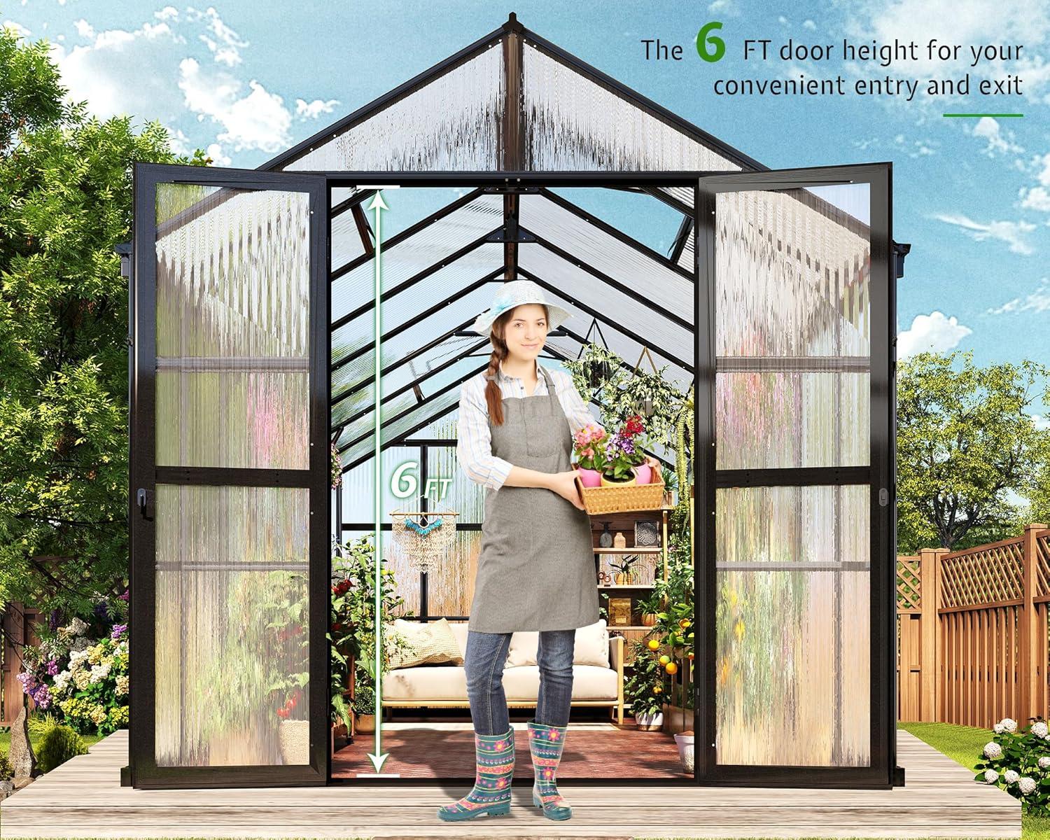 Jocisland 7.5x16x7.5 FT Polycarbonate Greenhouse with Quick Connector Fast Assembly, Outdoor Aluminum Greenhouses with Rain Gutter and Ventilation, Walk in Greenhouse for Backyard Garden, Black