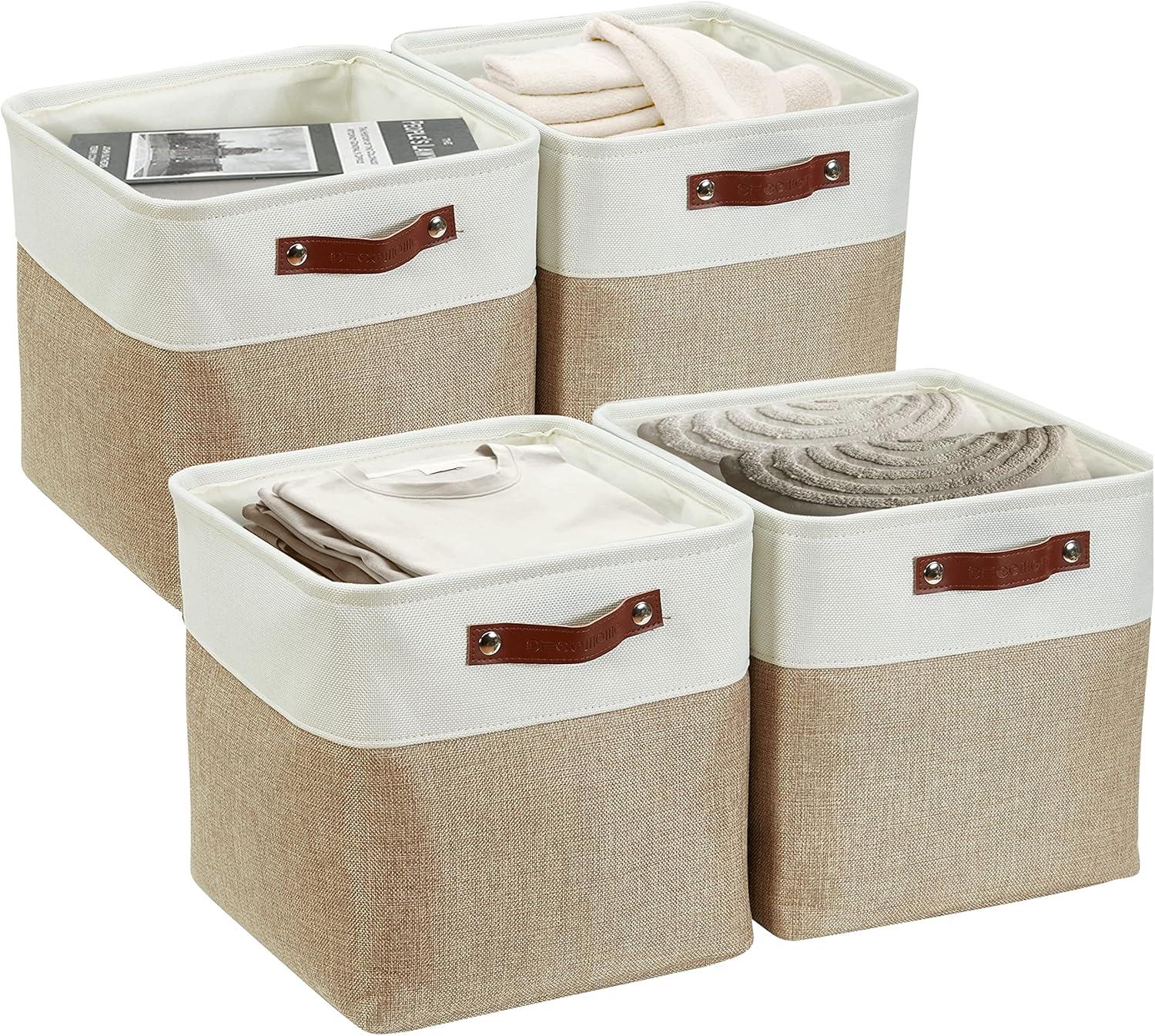 Beige and White Rectangular Fabric Storage Bins with Handles