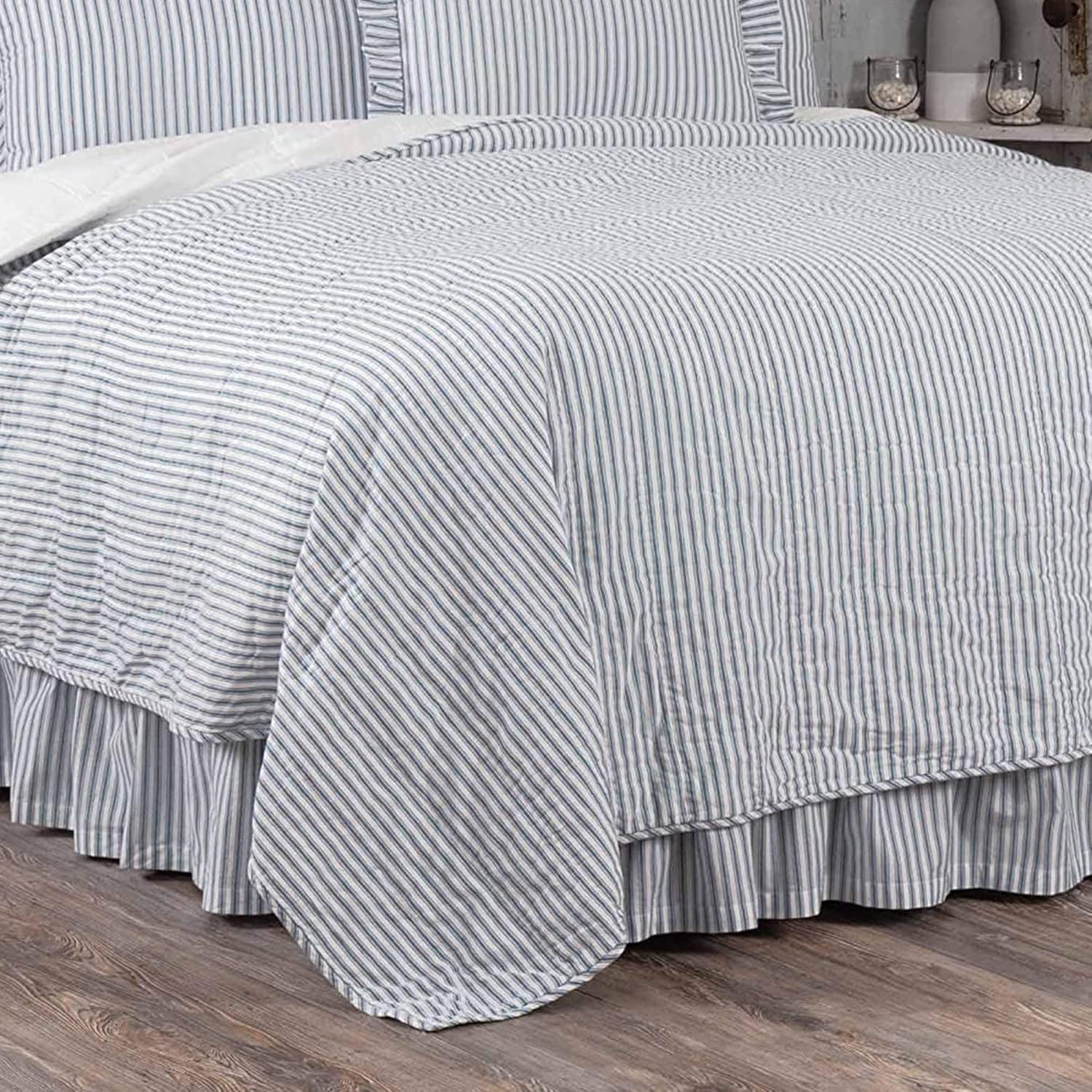 VHC Brands Sawyer Mill Ticking Stripe Cotton Quilt Coverlet, Blue, Twin