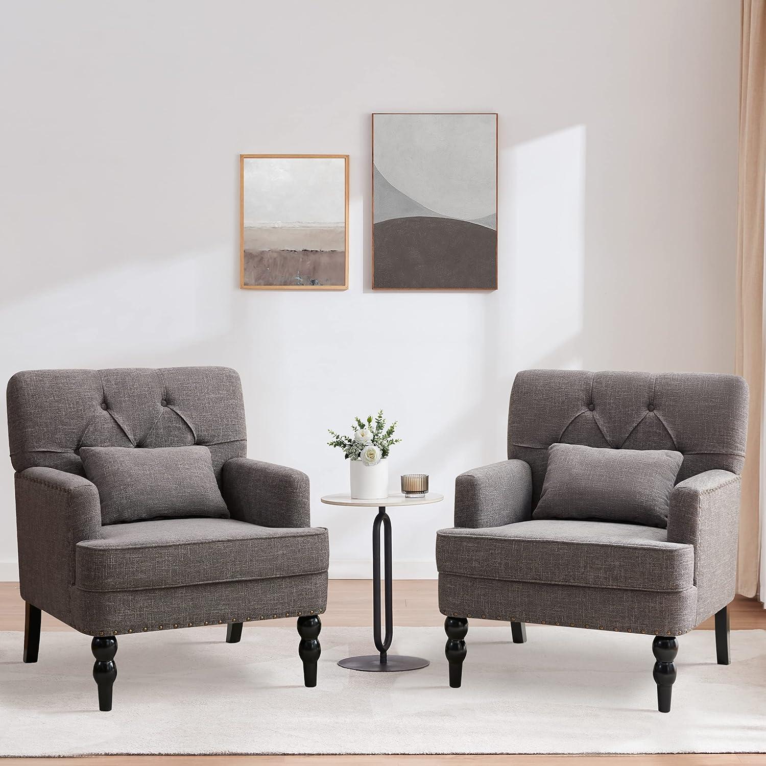 Gray Polyester Blend Tufted Armchair Set with Dark Wood Legs