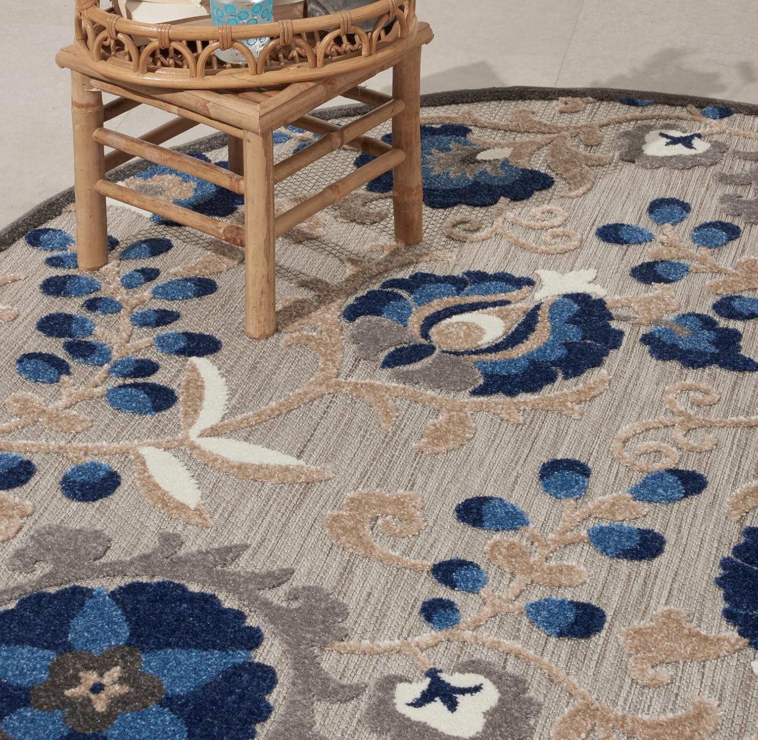 Nourison Aloha Floral Textured Flatweave High-Low Indoor Outdoor Round Rug Natural/Blue 5'3" x 5'3"