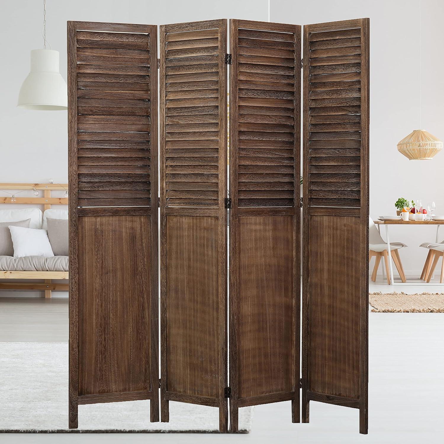 Rancho Shutter 4 Panel Room Divider with Folding Screen Room Partition Paulownia Wood Brown - Proman Products: Wall Separator, No Assembly Required