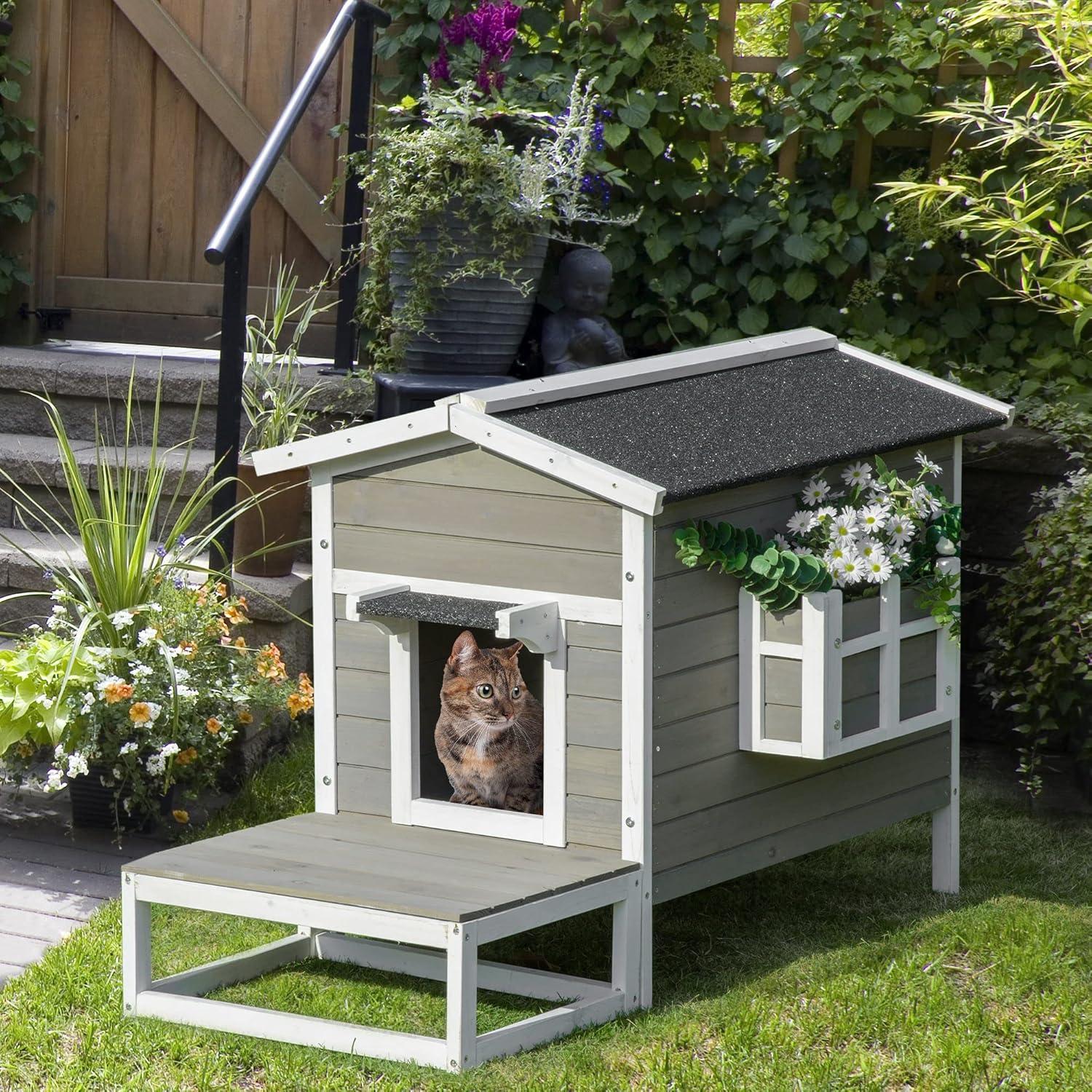 PawHut Wooden Wooden Cat House Feral Cat Shelter Kitten Condo with Escape Door, Porch and Flower Stand - Dark Gray/White