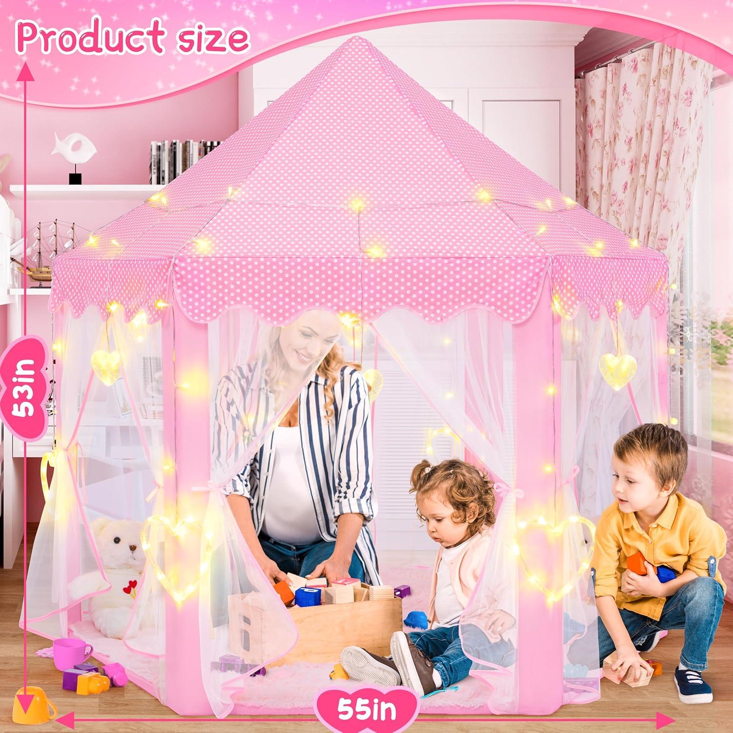 EVOIONOS Princess Tent for Girls, Kids Play Tent with LED Star Lights, Castle Playhouse for Children Indoor Outdoor Games, 55X53 inches, Pink
