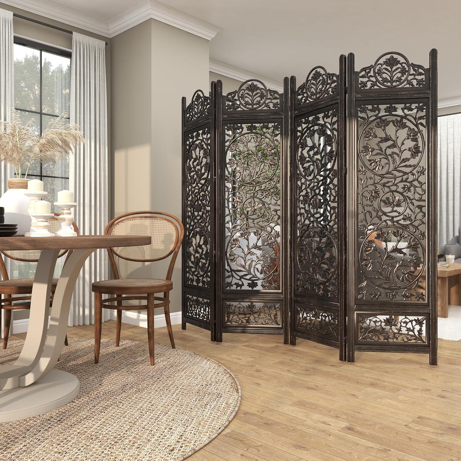 DecMode 80" x 72" Black Wood Floral Handmade Hinged Foldable Partition 4 Panel Room Divider Screen with Intricately Carved Designs, 1-Piece