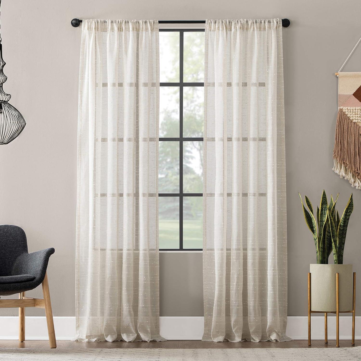 Clean Window Textured Slub Anti-Dust Striped Semi-Sheer Rod Pocket Curtain Panel