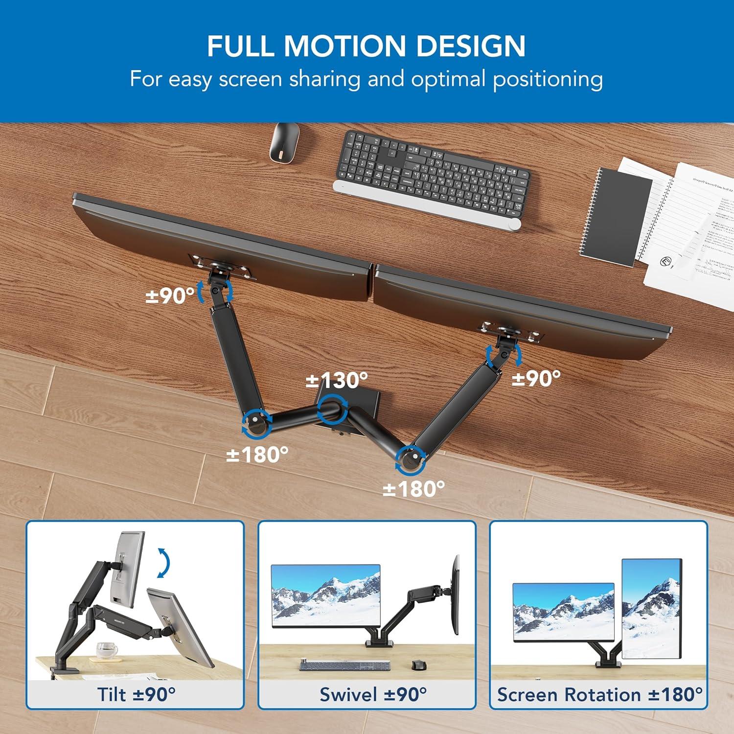 Mount-It! Full Motion Dual Monitor Mount with Spring Arms, 17 in. to 32 in. with Tilt, Rotation, Swivel, Height Adjustment, Clamp or Grommet, Black