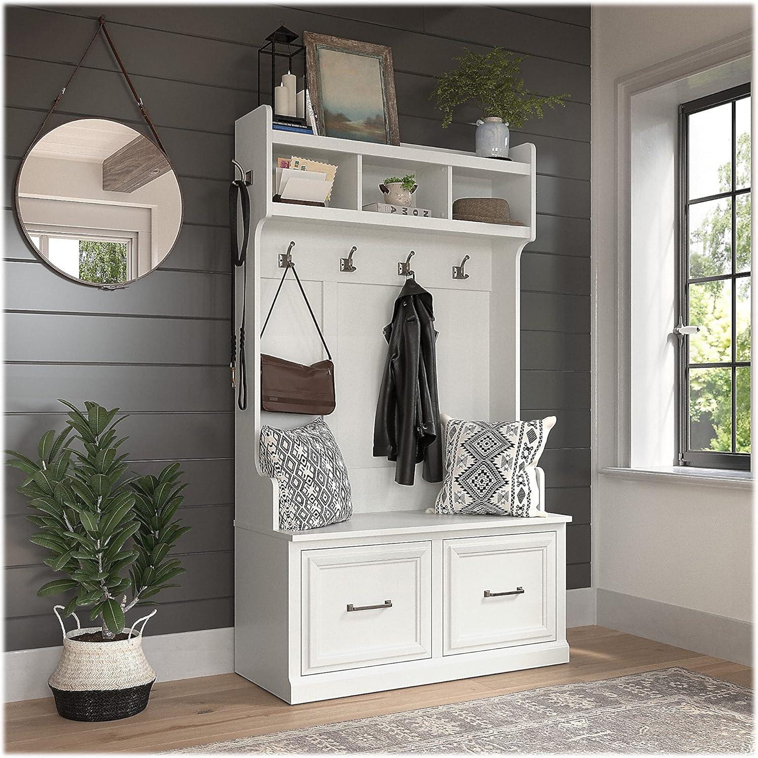 Woodland 40W Hall Tree and Shoe Bench with Doors in White Ash - Engineered Wood