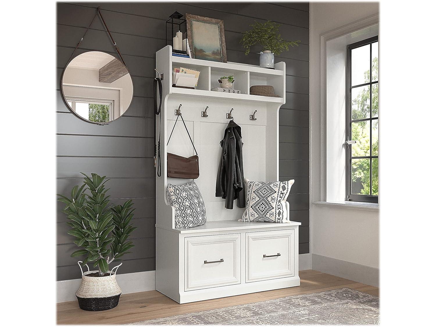 Woodland 40W Hall Tree and Shoe Bench with Doors in White Ash - Engineered Wood