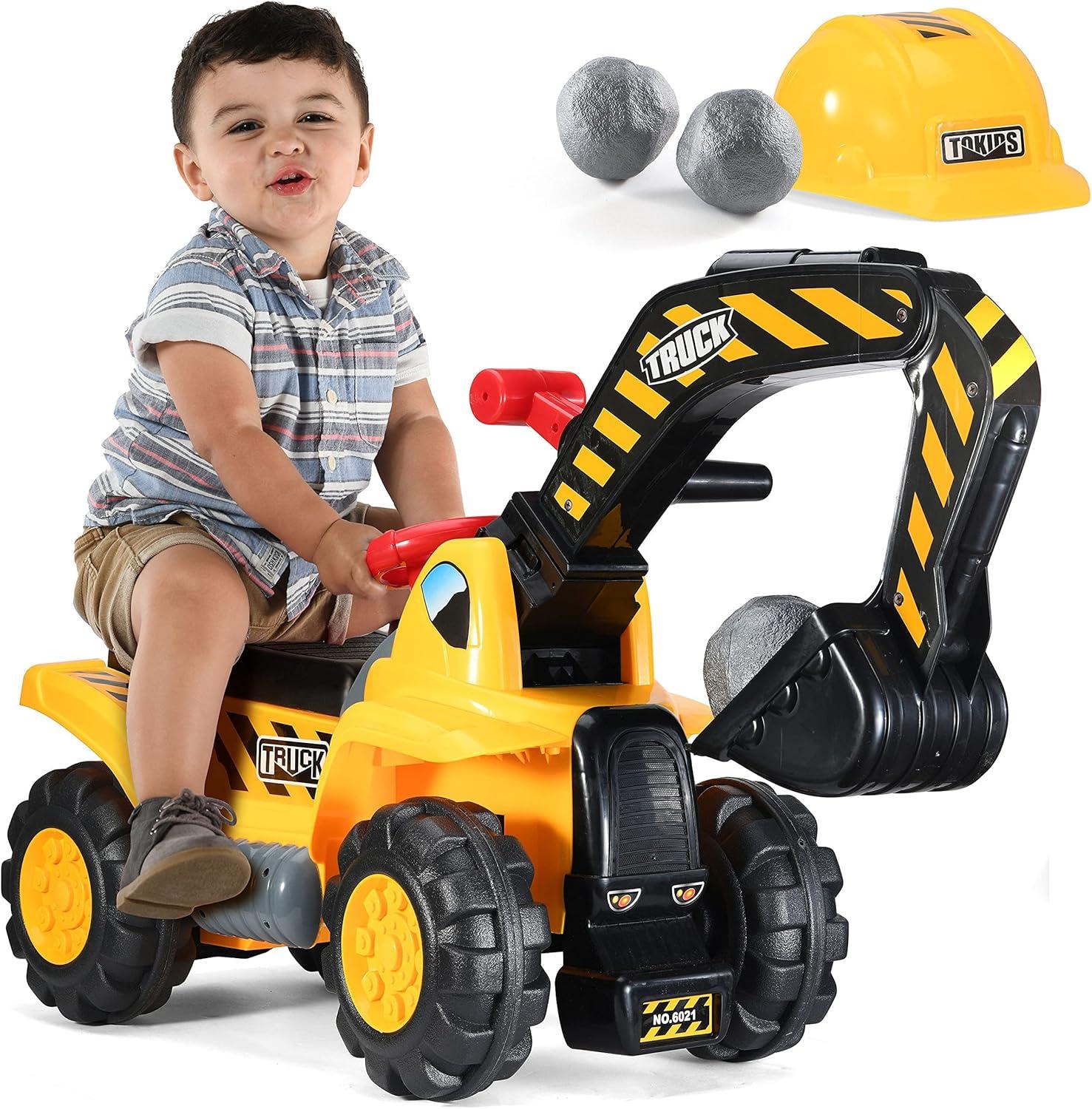 Toy Tractors For Kids Ride On Excavator - Music Sounds Digger Scooter Tractor Toys Bulldozer Includes Helmet With Rocks - Ride On Tractor Pretend Play - Toddler Tractor Construction Truck - By Play22