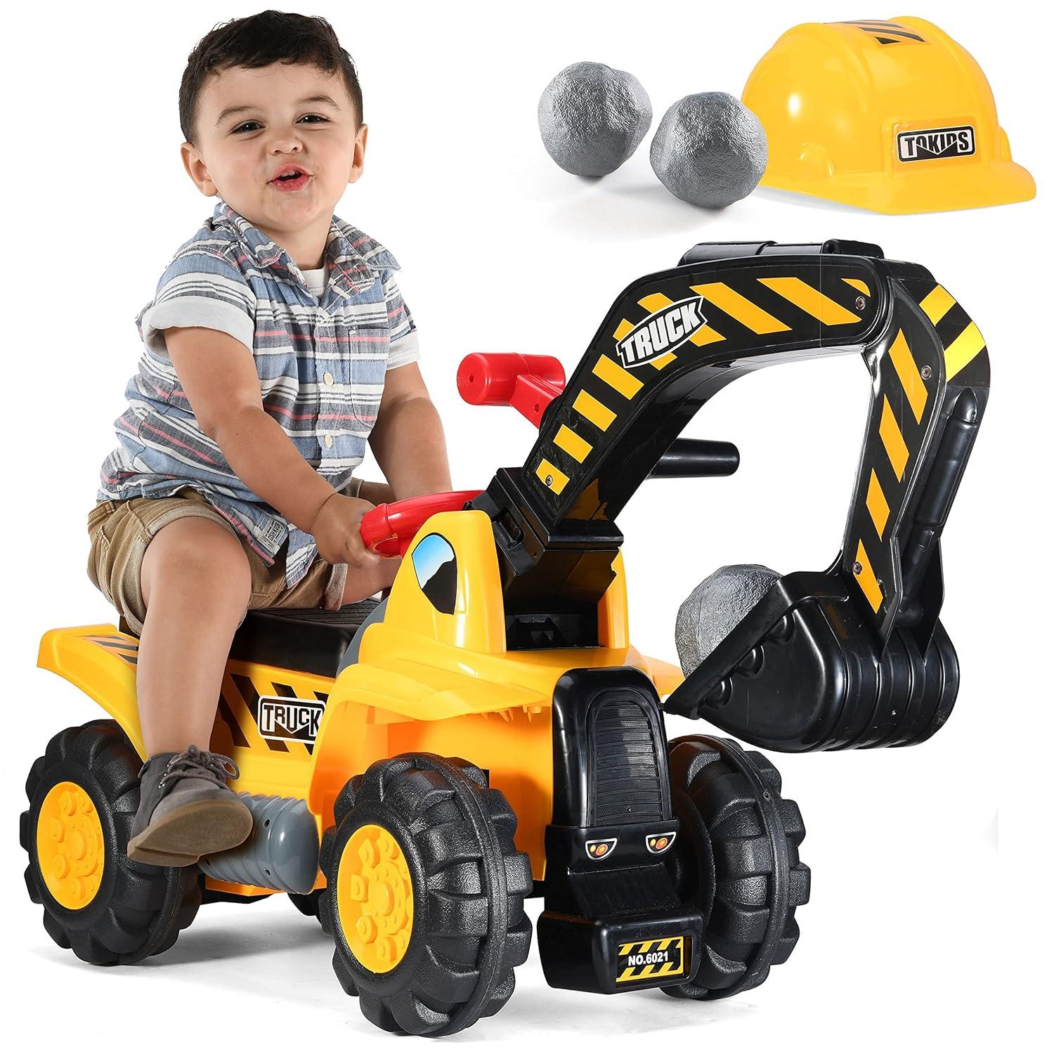 Toy Tractors For Kids Ride On Excavator - Music Sounds Digger Scooter Tractor Toys Bulldozer Includes Helmet With Rocks - Ride On Tractor Pretend Play - Toddler Tractor Construction Truck - By Play22