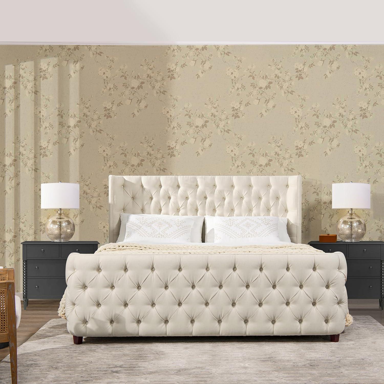 Jennifer Taylor Home Geneva Curved Wing Upholstered Platform Bed Frame, King, Light Beige Linen
