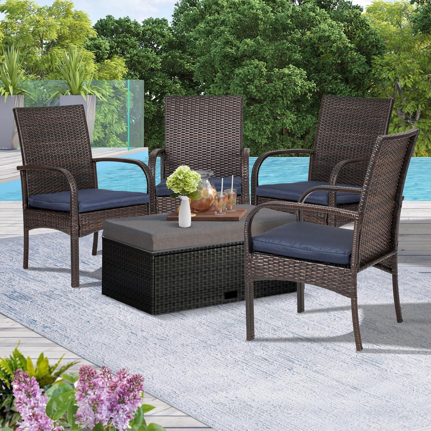 Brown Wicker Outdoor Dining Chairs with Blue Cushions, Set of 2