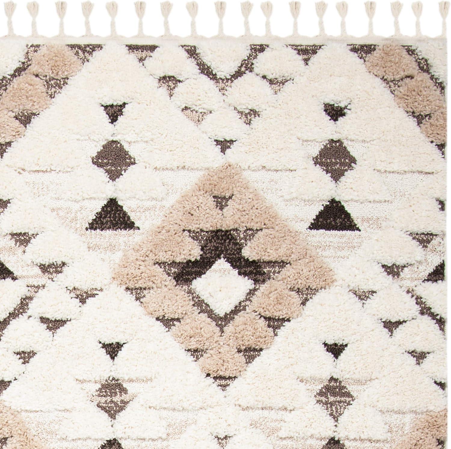 SAFAVIEH Moroccan Tassel Shag Larry Moroccan Geometric Area Rug, Ivory/Brown, 9' x 12'