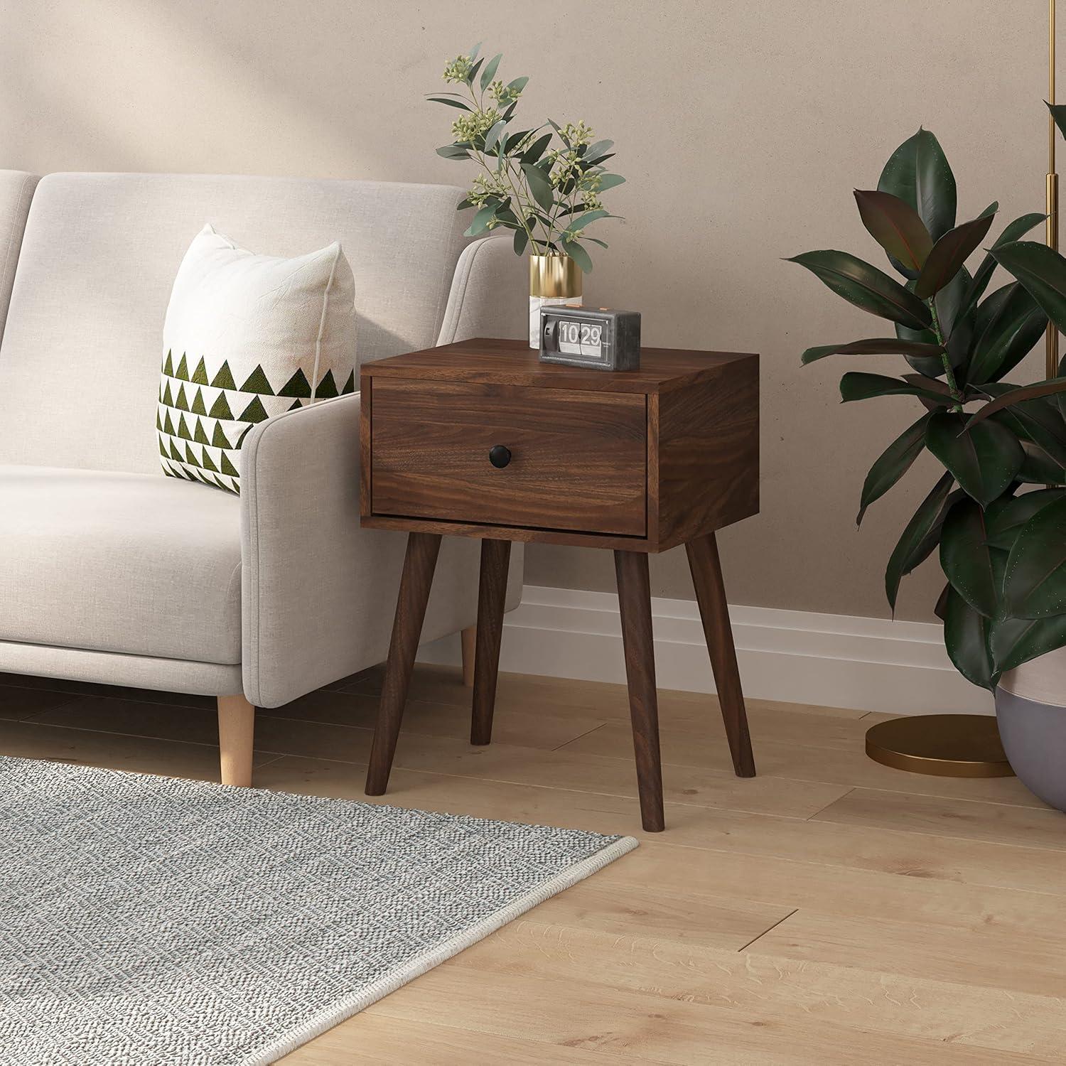 Walker Edison 2-Piece Mid-Century Solid Pine Wood Bedroom Nightstand in Walnut