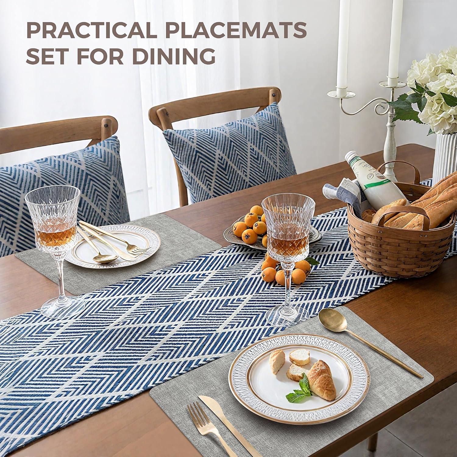 FOCUSLINE Faux Leather Placemats Set of 6, Light Grey Table Place Mats, Waterproof and Non-Slip Dining Table Mats for Indoor & Outdoor Use