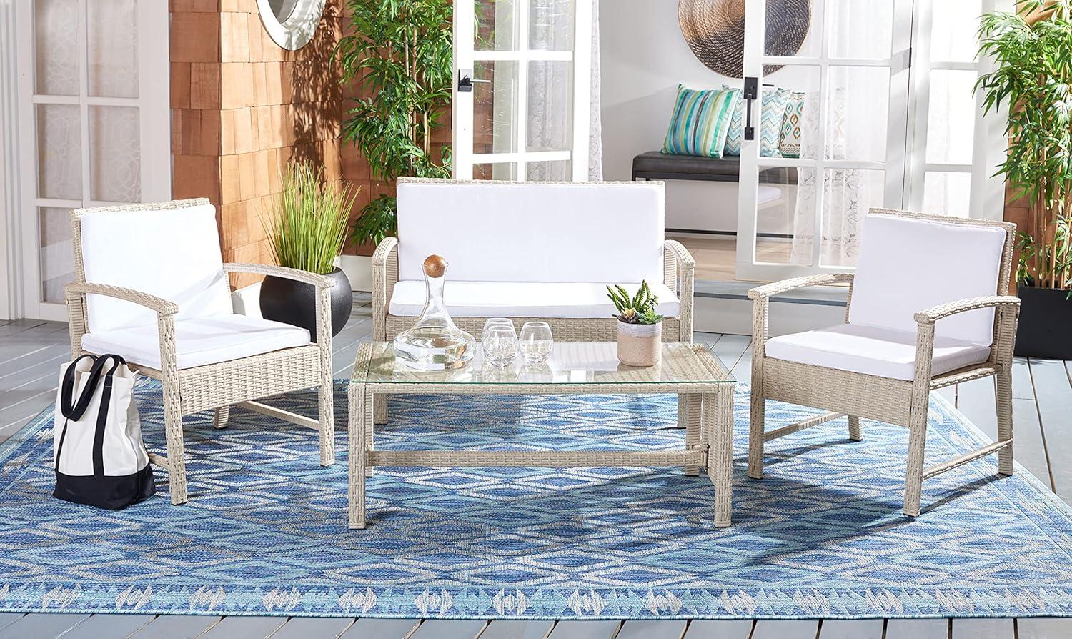 SAFAVIEH Krissy Outdoor Patio 4 Piece Conversation Set, Beige/White