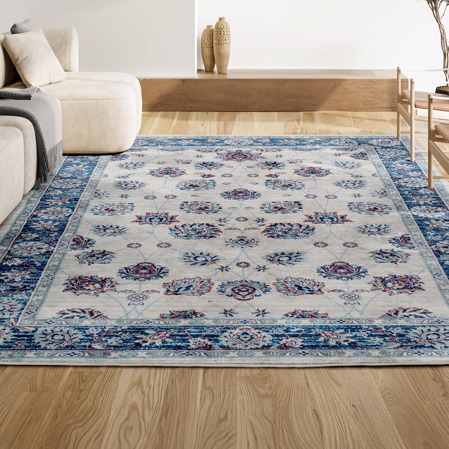 4' X 6' Modern Persian Vintage Moroccan Traditional Area Rug, Blue/Ivory/Red - JONATHAN Y