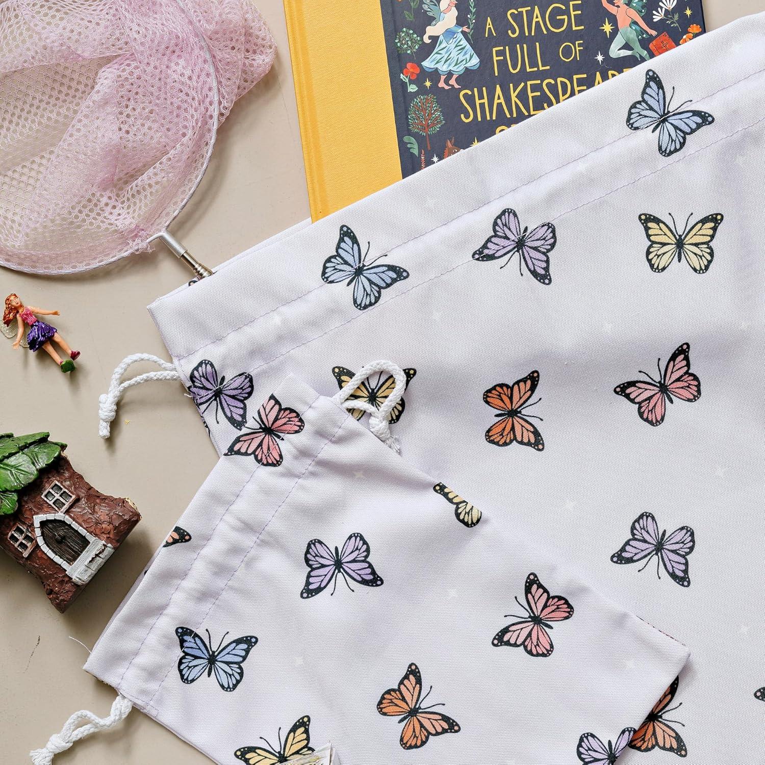 Gather & Knot Drawstring Gift Bags | 20" Large 12" Small | Premium Canvas | Reusable Fabric Wrap for Baby Shower or Girl Birthday | Butterfly