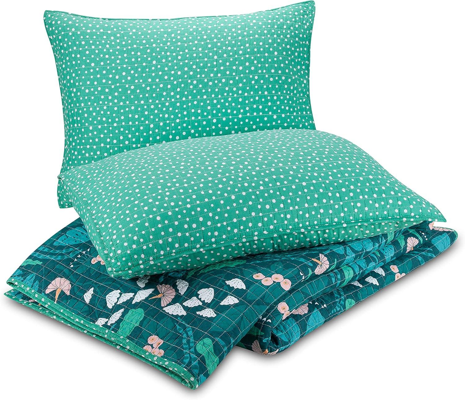 3pc Full/Queen Jungle Floral Quilt Set Green - Elizabeth Olwen for Makers Collective: Cotton Bedding Set with Shams