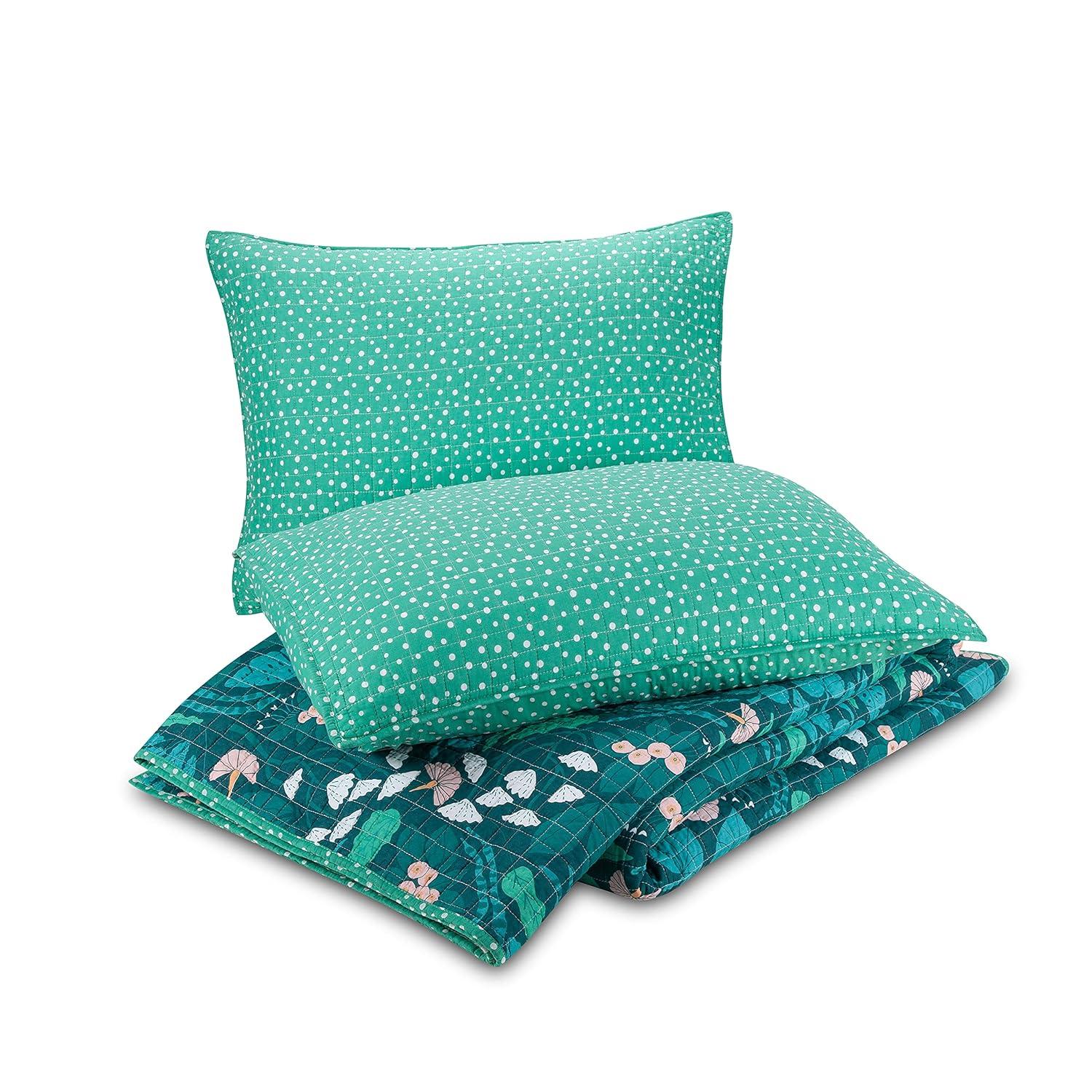 3pc Full/Queen Jungle Floral Quilt Set Green - Elizabeth Olwen for Makers Collective: Cotton Bedding Set with Shams