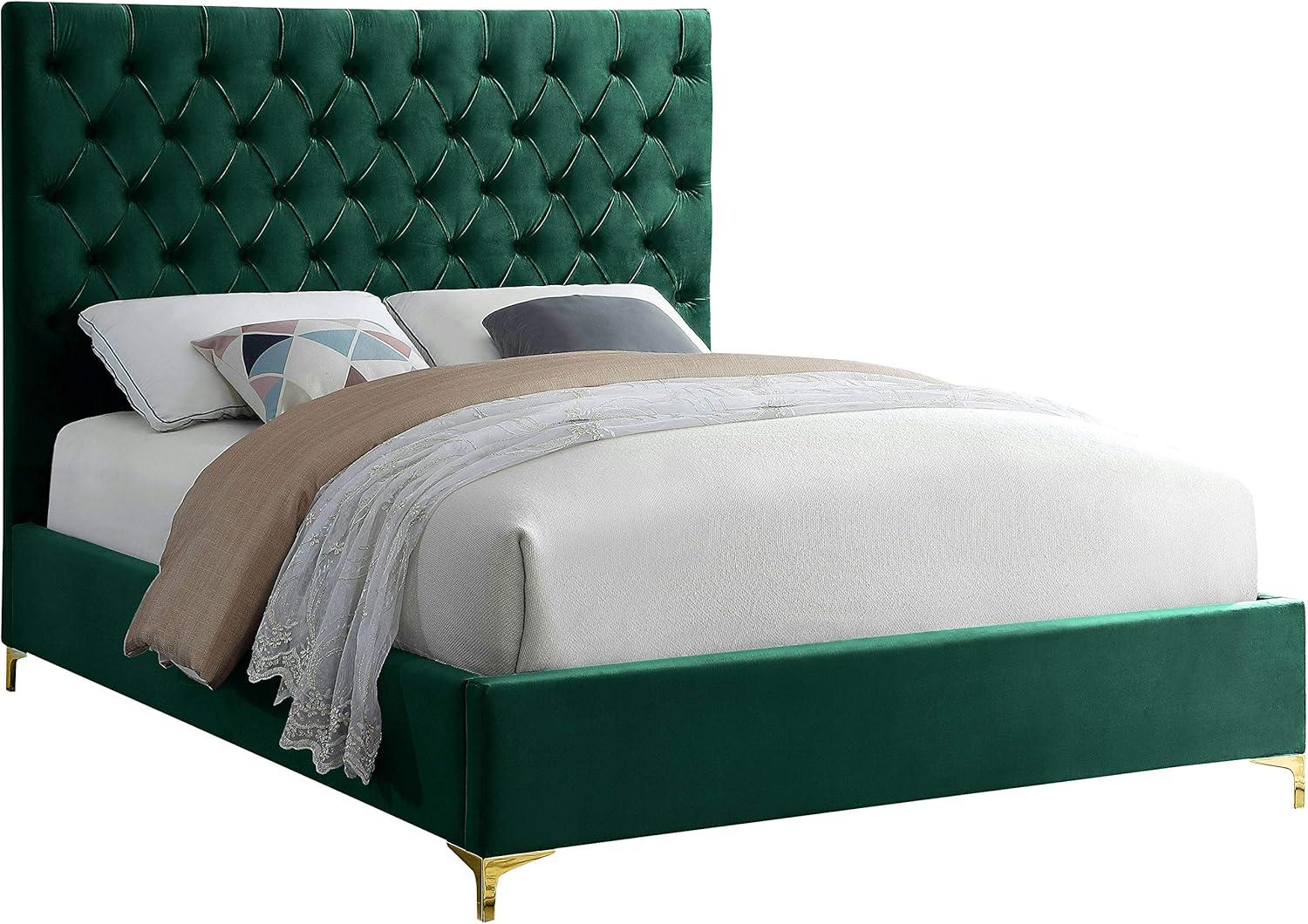 Luxurious Green Velvet King Bed with Tufted Upholstered Headboard