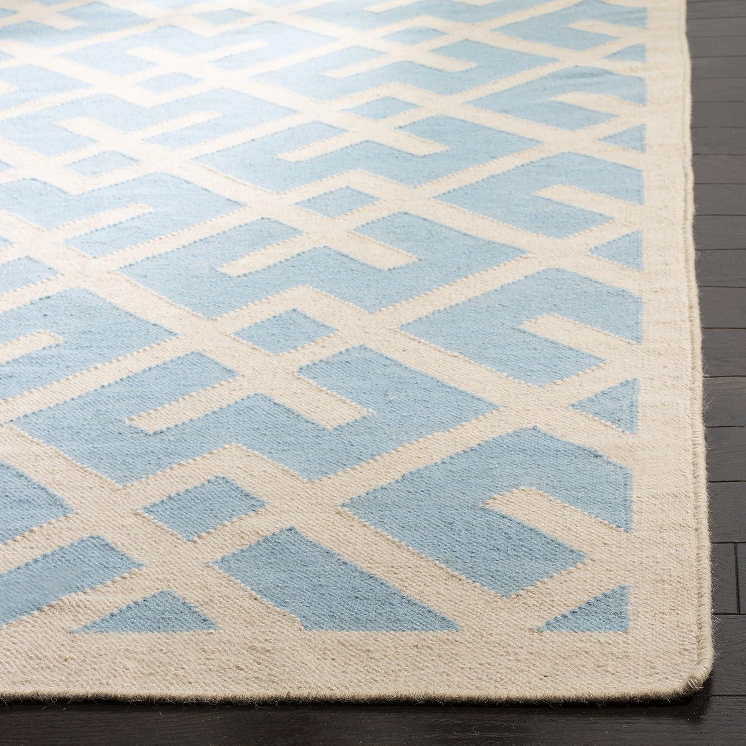 Ivory and Light Blue Geometric Wool Square Rug, 8' x 8'