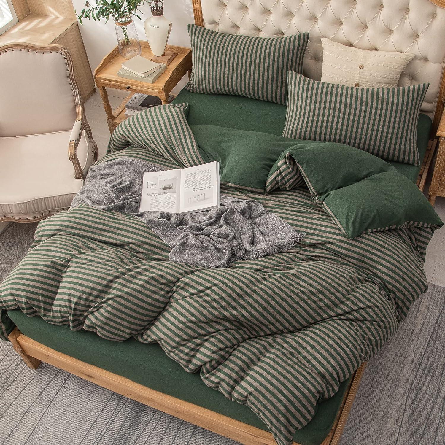 PURE ERA Forest Green Stripe Reversible 100% Jersey Cotton Duvet Cover bedding Set Soft Washable( Queen Size)