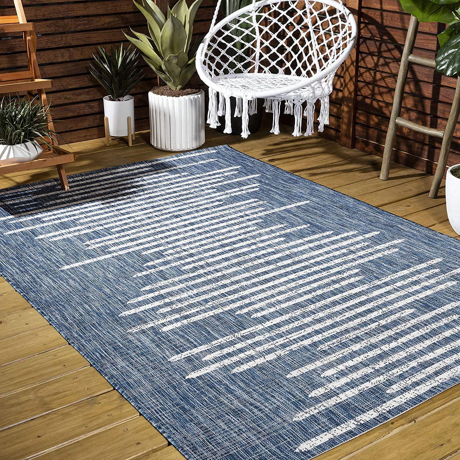 Grundy Berber Stripe Geometric Blue/Ivory Indoor/Outdoor Rug