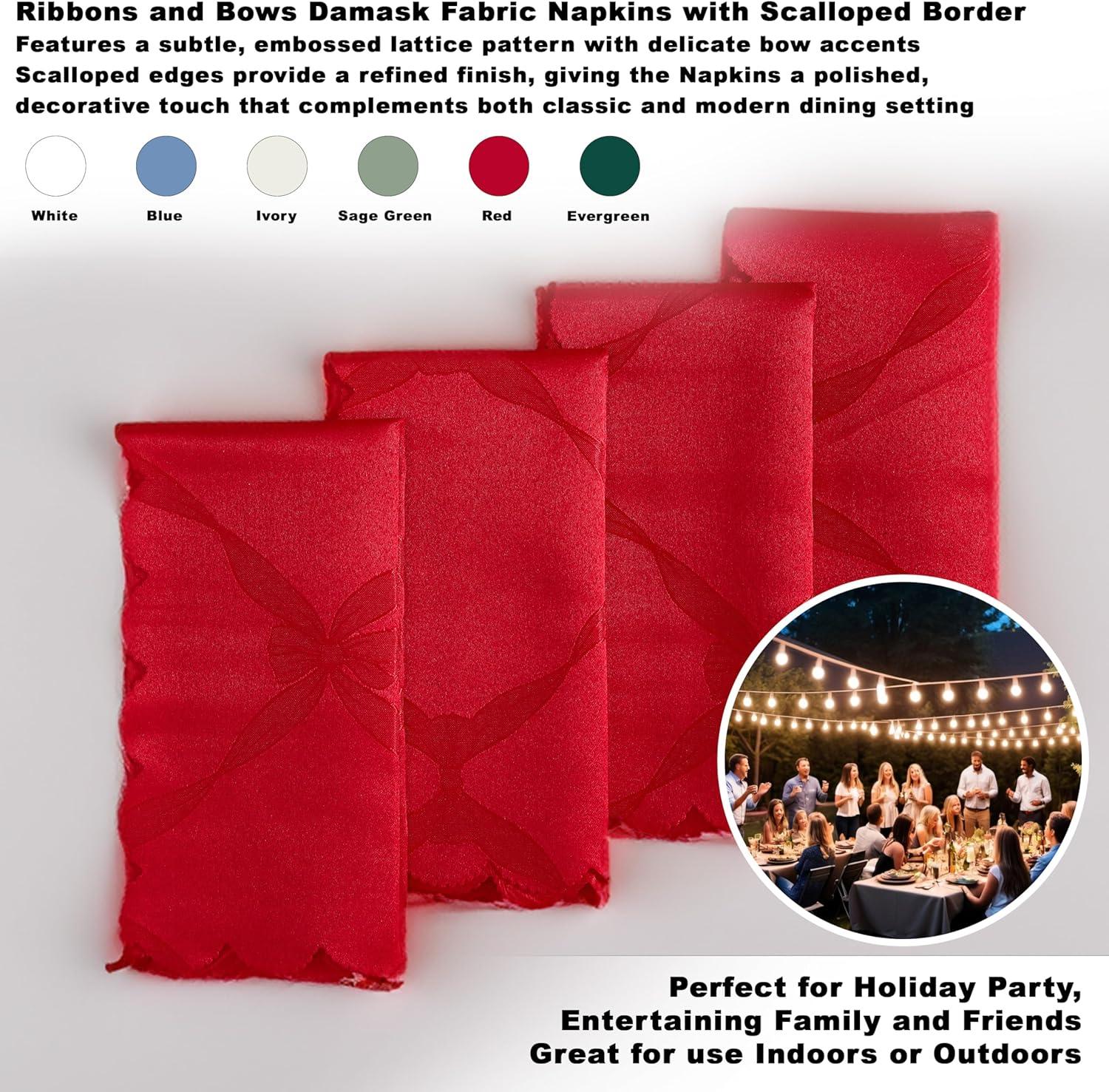Christmas Holiday Red Ribbons and Bows Damask Set of 4 Fabric Napkins