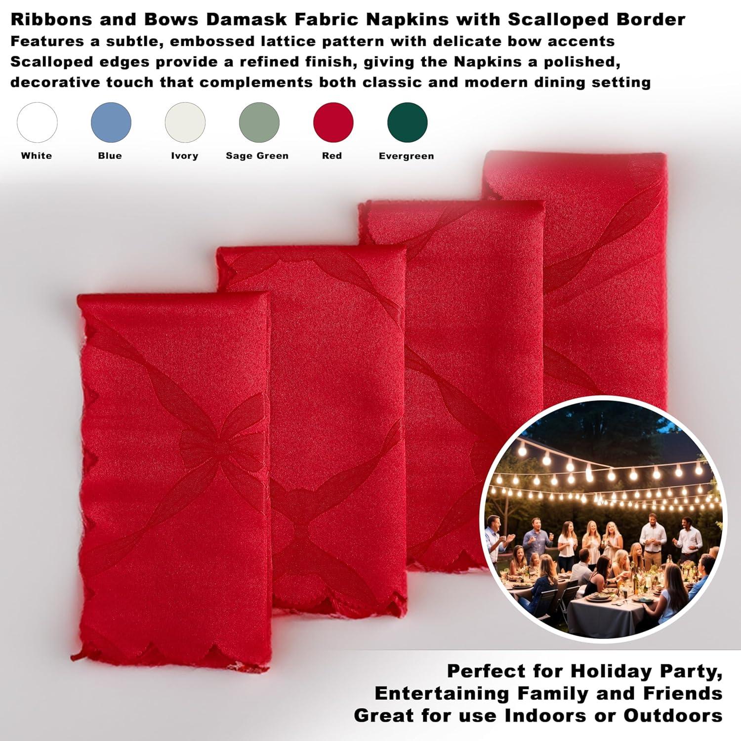 Christmas Holiday Red Ribbons and Bows Damask Set of 4 Fabric Napkins
