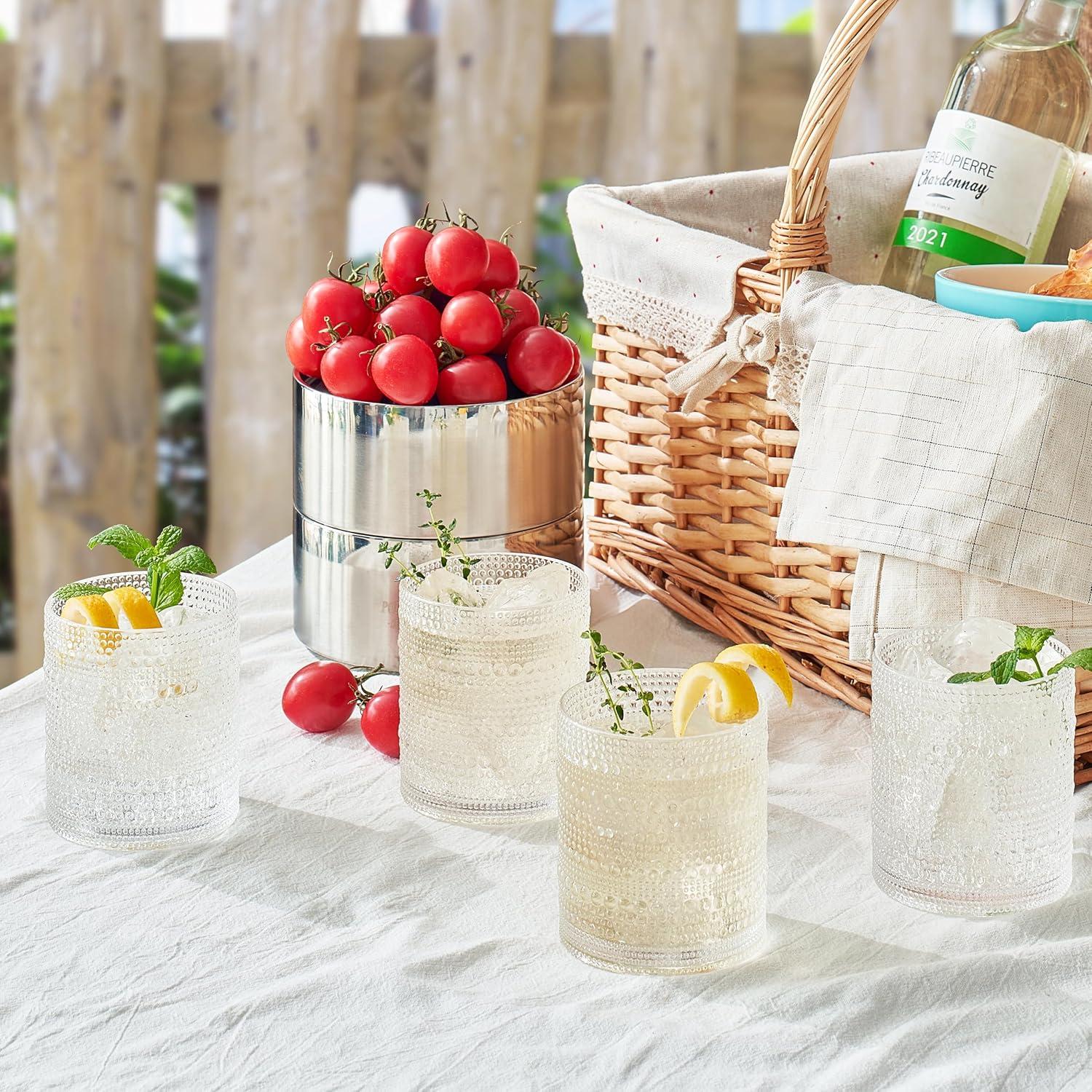 Khen Plastic Hobnail Drinking Glasses Set of 4 Clear Cups 14oz, Shatterproof & Unbreakable Acrylic Beaded Design, BPA-Free, Dishwasher Safe Indoor/Outdoor Drinkware for Water, Juice, Cocktails