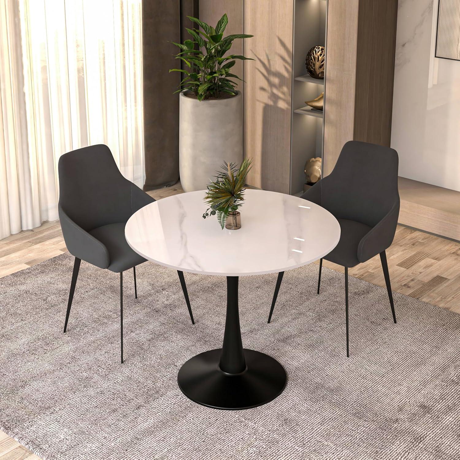 LeisureMod Bristol 31" Round Dining Table – Sintered Stone Top Accent Café Table & Sturdy Steel Black Pedestal Base for Kitchen and Small Spaces