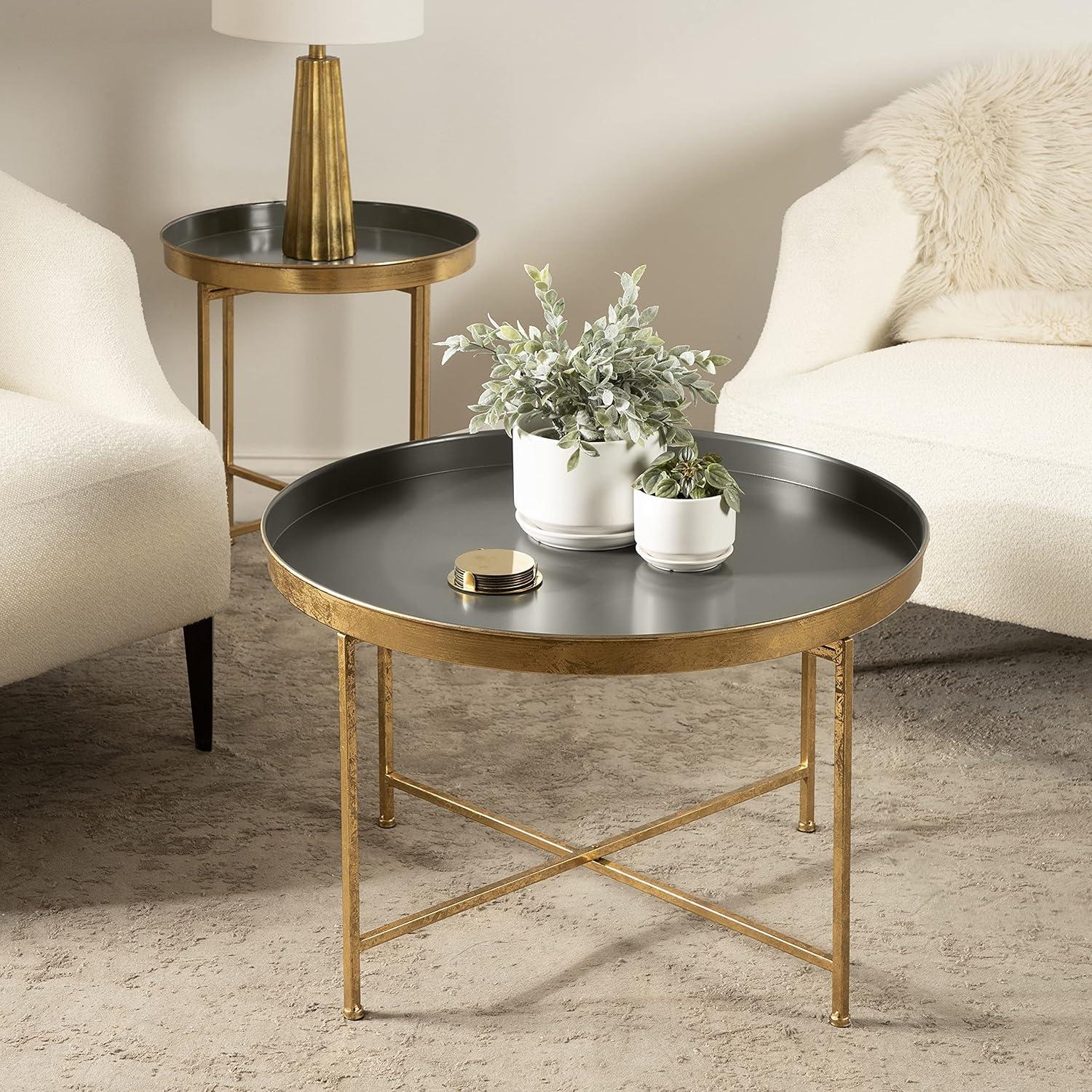 Kate and Laurel Celia Round Metal Coffee Table, 28.25x28.25x19, Gray and Gold