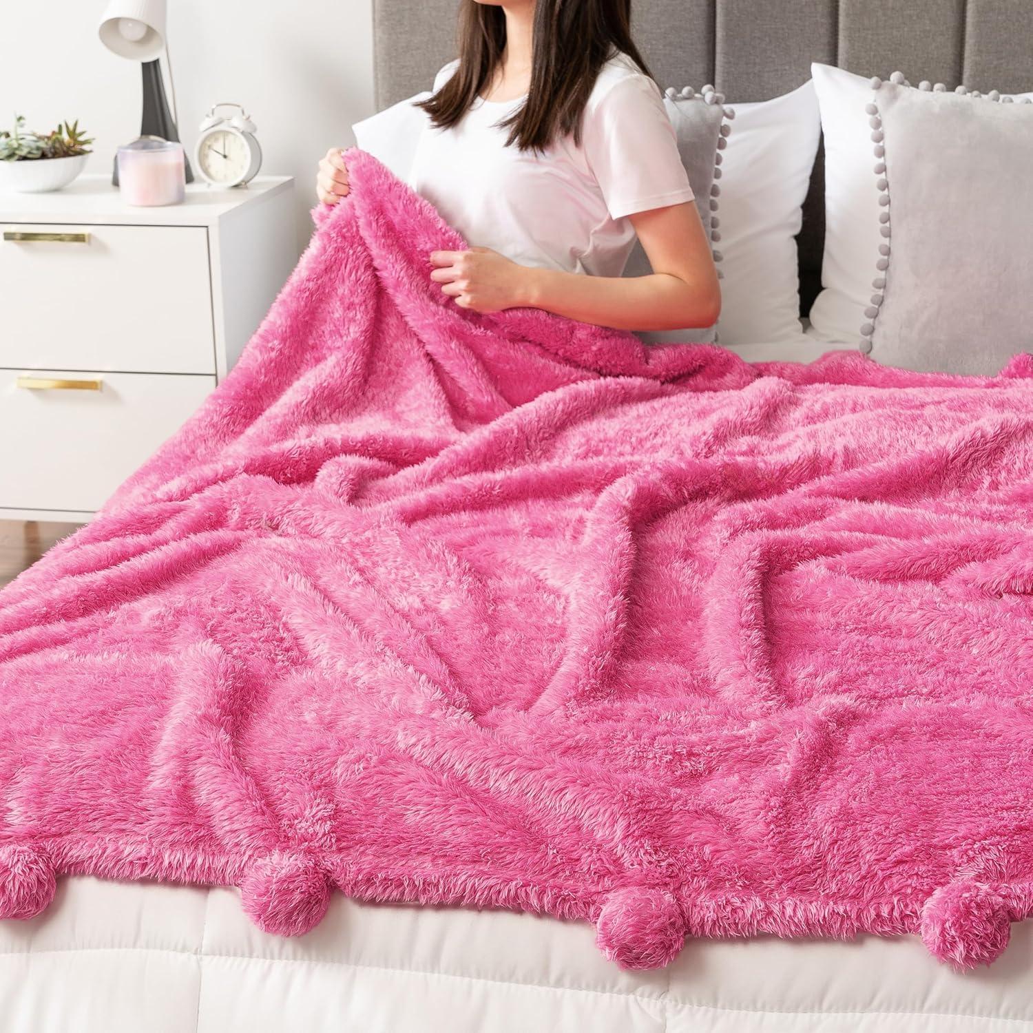 PAVILIA Fluffy Throw Blanket with Pompom, Lightweight Soft Plush Cozy Warm Pom Pom Fringe for Couch Sofa Bed