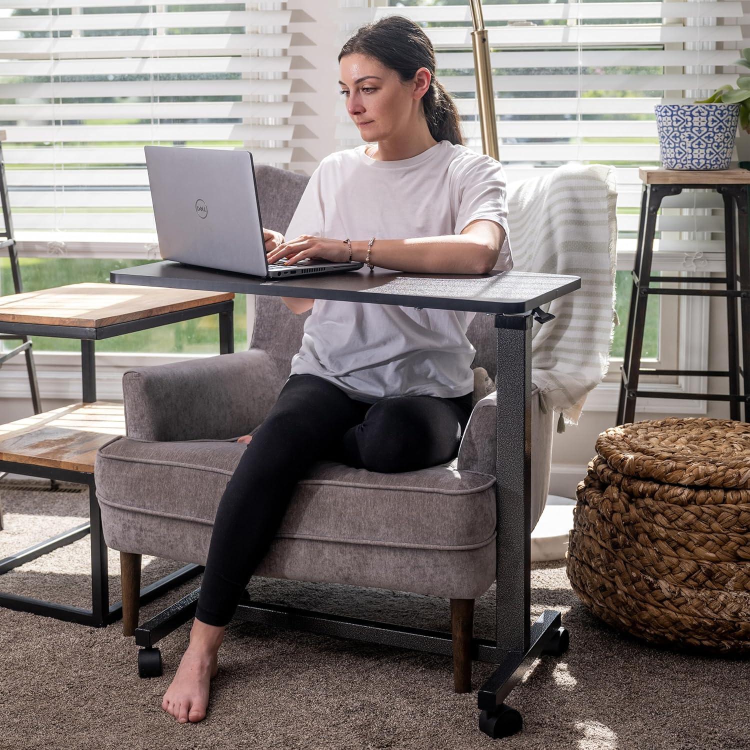 Carex Overbed Table with Adjustable Tray for Laptop, Portable with Wheels, For Home Use, Brown