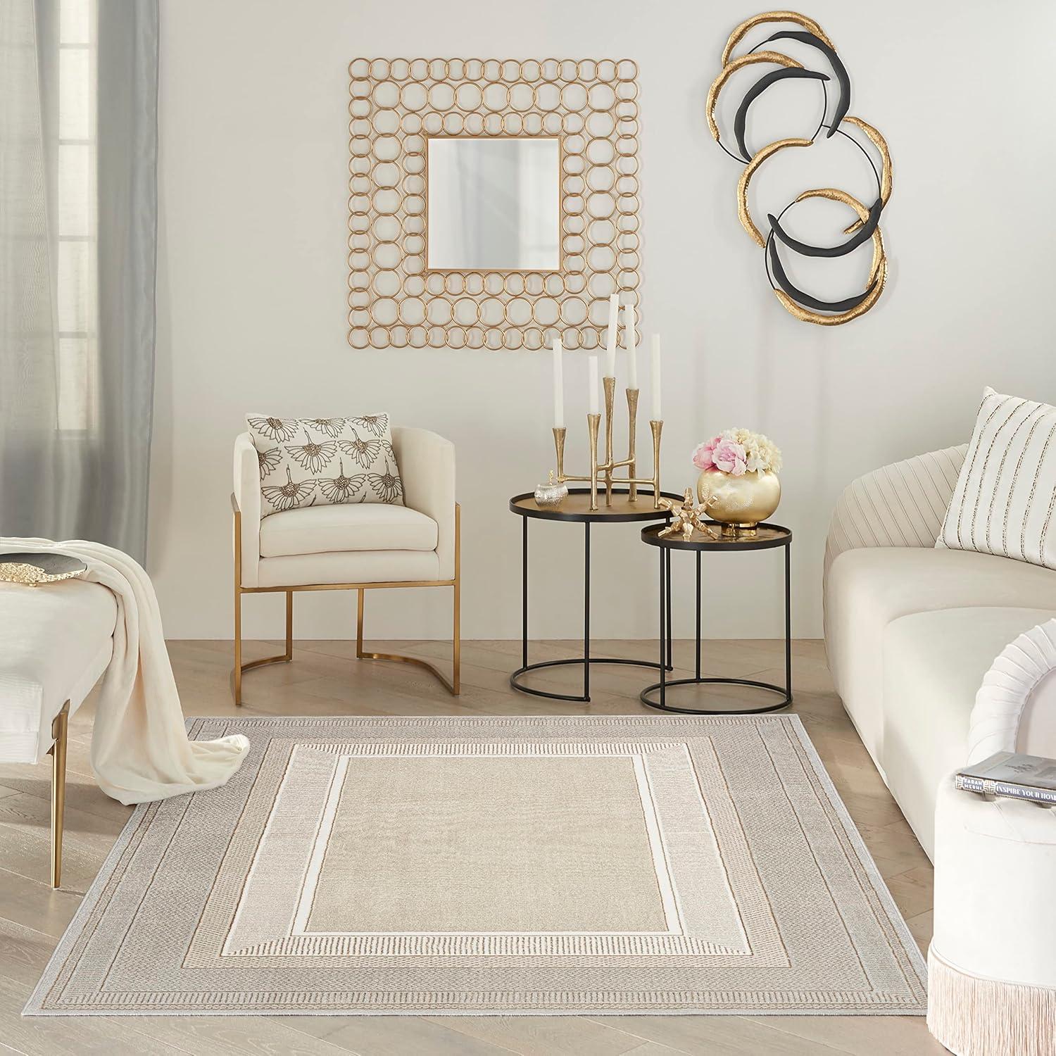 Ivory Geometric 4' x 6' Synthetic Washable Rug